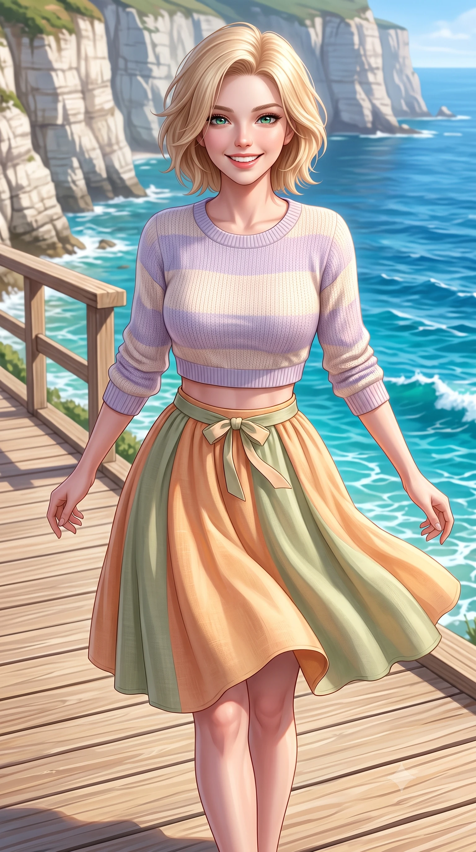 score_9, masterpiece, best quality, ultra-detailed, high-budget anime keyframe, semi-realistic 3D game render, editorial fashion photography, tasteful artistic composition, Caucasian woman. close-up cowboy shot from the waist and thighs up, the character dominates the composition, filling the frame with her large presence. radiating a joyful bright smile with sparkling jewel-like eyes and pure charming energy, leaning forward with playful grace while walking cheerfully along a scenic cliffside wooden promenade overlooking a dazzling sapphire and turquoise ocean. The surrounding environment is rendered in vivid detail and crisp panoramic clarity. crisp turquoise seafoam crests, dramatic white cliff strata, and wooden coastal walkway planks in sharp focus. She has an exceptionally elegant, slender, and willowy female figure with an ultra-slim waist, a gracefully sculpted slender torso, toned flat midriff, and a refined slim silhouette. sharp v-shaped jawline, high-bridge nose, intricate jewel-like eyes with depth, thick eyelashes, glossy lips with a natural sheen, pure and lovely fresh girlhood expression, flawlessly proportioned anatomical accuracy, strict slender model proportions, natural body alignment, perfectly sculpted long slender limbs, ultra-slim waistline, clean dynamic posture without body distortion. wearing a stylish cropped pastel knit pullover paired with a high-waisted flowy A-line linen skirt in warm apricot and sage green, crafted from smooth fluid silk satin with a natural gentle sheen, accented with a dainty ribbon bow at the waistline, the breezy lightweight fabric fluttering softly against her delicate collarbones, narrow waist, and feminine curves. surrounded by a refreshing, breezy, and irresistibly vibrant coastal sweetheart aura. highly saturated vibrant anime colors, detailed shading with soft gradients, rich glossy textures, high-contrast stereoscopic depth, volumetric dynamic lighting, master piece, 9:16 ratio