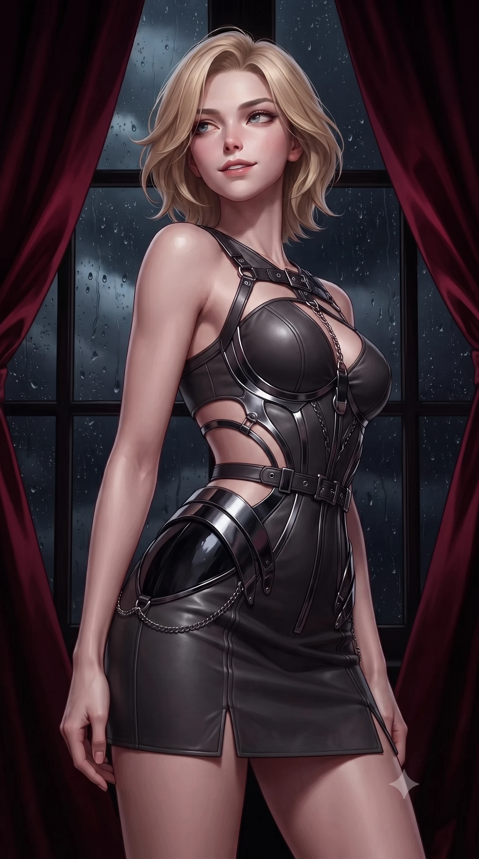 score_9, masterpiece, best quality, ultra-detailed, high-budget anime keyframe, editorial fashion photography, tasteful artistic composition, Caucasian woman. close-up cowboy shot from the waist and thighs up, the character dominates the composition, filling the frame with her large presence, background elements kept in soft focus. Glancing sidelong over her shoulder with a smoldering, enigmatic half-smile, looking up at a stormy midnight sky through dark glass panes covered in raindrops, dramatic crimson silk drapery absorbing surrounding light into rich burgundy shadows. She has an exceptionally elegant, slender, and willowy female figure with an ultra-slim waist, a gracefully sculpted slender torso, and a refined silhouette. sharp v-shaped jawline, high-bridge nose, intricate jewel-like eyes with depth, thick eyelashes, glossy lips with a natural sheen. wearing architectural cut-out dark leather mini dress with sculpted metallic boning in dark charcoal gray, made of sculpted obsidian metallic chrome, framed by dark titanium buckles and silver chain details, accentuating her gracefully sculpted slender torso. bathed in rich dark crimson tones and deep pitch-black ambient shadows. highly saturated vibrant anime colors, detailed shading with soft gradients, rich glossy textures, high-contrast stereoscopic depth, volumetric dynamic lighting, master piece, 9:16 ratio