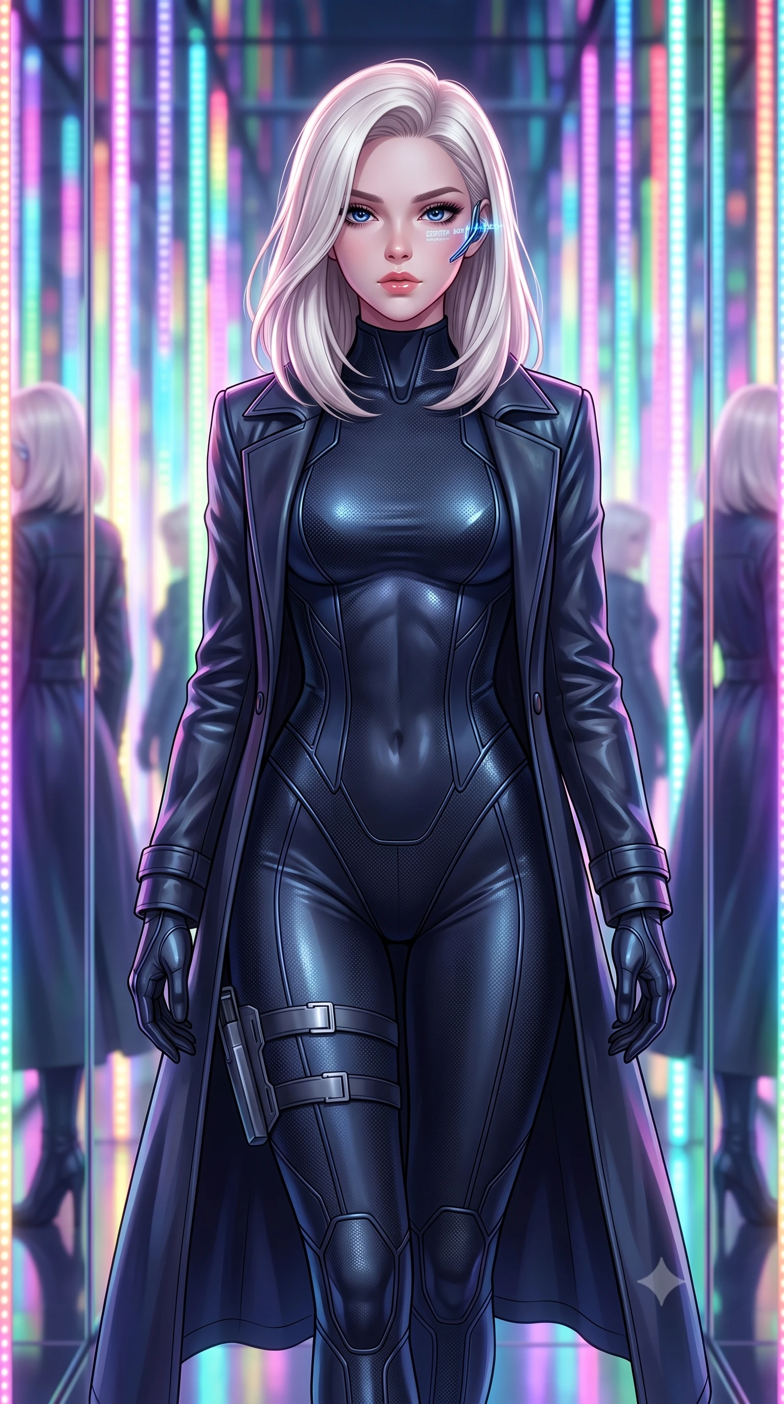 score_9, masterpiece, best quality, ultra-detailed, high-budget anime keyframe, semi-realistic 3D game render, editorial fashion photography, tasteful artistic composition, Caucasian woman. close-up cowboy shot from the waist and thighs up, the character dominates the composition, filling the frame with her large presence. holding her hands loosely in front with regal, aristocratic poise, radiating an overwhelming high-society aura while walking through a tunnel of pulsing chromatic light curtains with effortless high-fashion runway poise. The composition keeps background elements in soft focus with creamy bokeh. infinite mirrored room reflections and glowing vertical LED strips blurred into psychedelic rainbow and pastel neon bokeh. She has an exceptionally elegant, slender, and willowy female figure with an ultra-slim waist, a gracefully sculpted slender torso, toned flat midriff, and a refined slim silhouette. sharp v-shaped jawline, high-bridge nose, intricate jewel-like eyes with depth, thick eyelashes, glossy lips with a natural sheen, captivating and magnetic expression, flawlessly proportioned anatomical accuracy, strict slender model proportions, natural body alignment, perfectly sculpted long slender limbs, ultra-slim waistline, clean dynamic posture without body distortion. wearing a sleek second-skin dark carbon-weave infiltration catsuit paired with a tailored long leather trench coat in stealth obsidian black and midnight navy, crafted from flexible ballistic matte leather and ultra-sleek stretch neoprene, equipped with a minimalist titanium leg holster and smart holographic earpiece edition #19, the glove-like aerodynamic second-skin fit tightly clinging to her ultra-slender waist and athletic curves without adding bulk, accentuating her razor-sharp statuesque lines and slim hourglass silhouette. illuminated by clean geometric specular highlights tracing her sculpted torso and legs. highly saturated vibrant anime colors, detailed shading with soft gradients, rich glossy textures, high-contrast stereoscopic depth, volumetric dynamic lighting, master piece, 9:16 ratio