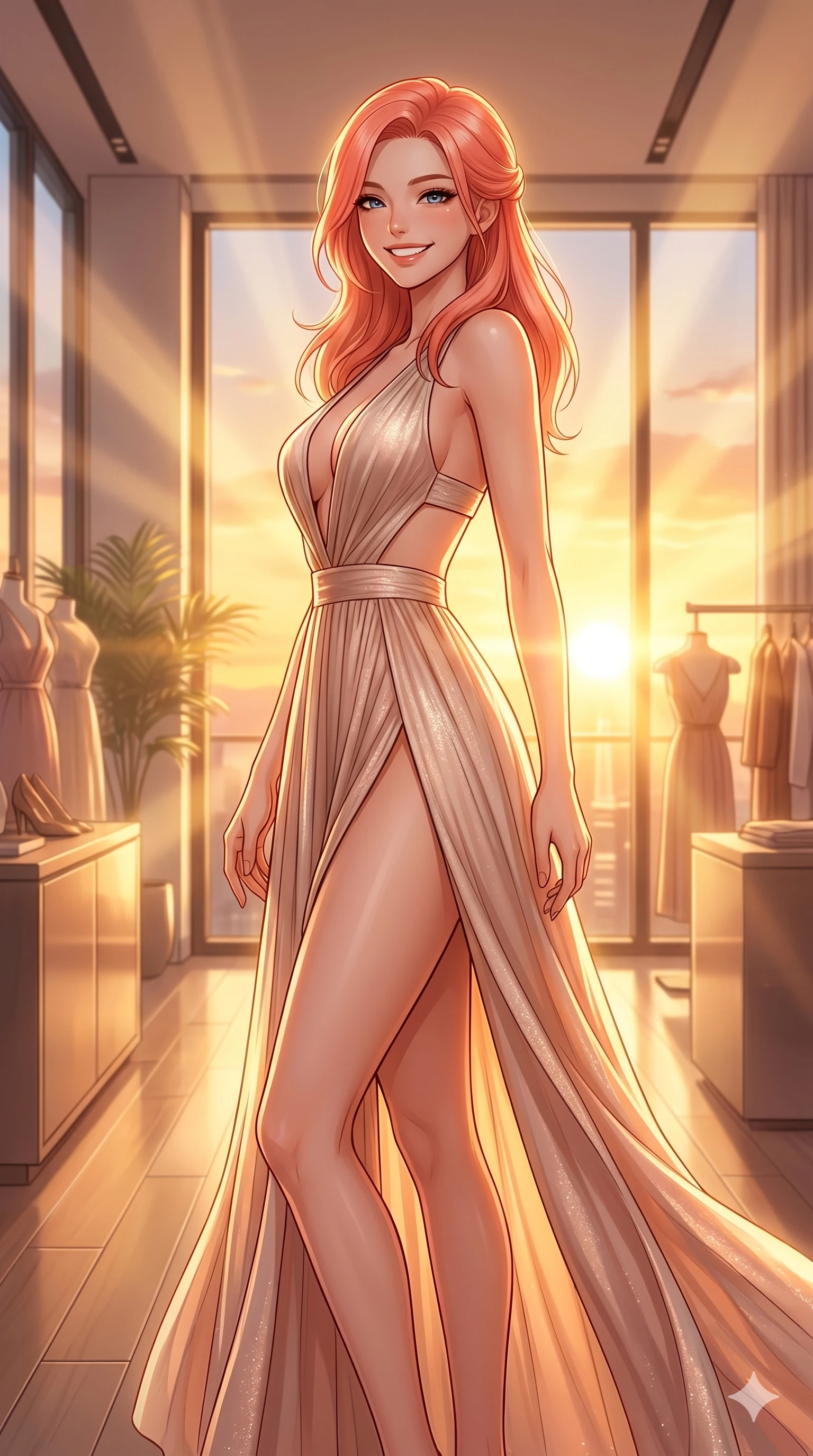 score_9, masterpiece, best quality, ultra-detailed, high-budget anime keyframe, vibrant anime aesthetic, Japanese woman. cowboy shot from the thighs up, character and outfit filling the frame for maximum presence. She is standing tall, looking over her shoulder with a radiant, smiling expression inside a chic designer showroom with sunbeams (Code-P20-100). She has an absolutely perfect 8-heads proportion, an exceptionally tall and slender female figure with impossibly long slender legs and an ultra-slim waist. V-shaped jawline, high-bridge nose, intricate jewel-like eyes with depth, thick eyelashes, glossy lips with a natural sheen. wearing a high-slit resort dress with plunging neckline and side cutouts. She is glowing with warm sunset light radiating from the horizon, casting a golden aura. 2k, ultra detail, master piece, 9:16 ratio