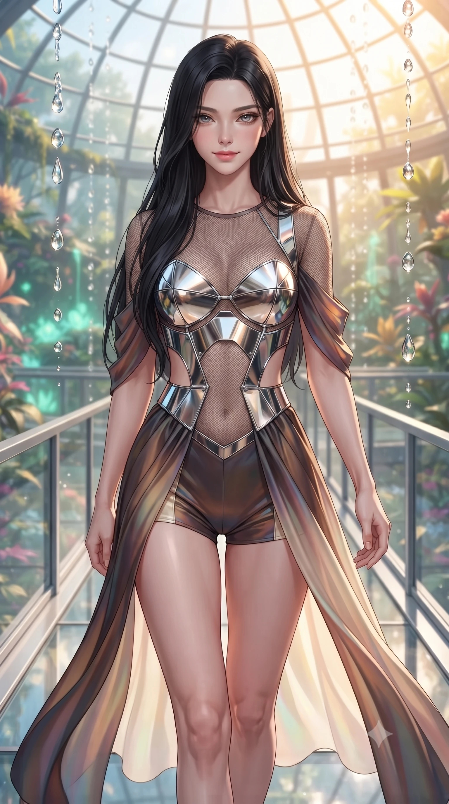 score_9, masterpiece, best quality, ultra-detailed, high-budget anime keyframe, editorial fashion photography, tasteful artistic composition, Korean woman. close-up cowboy shot from the waist and thighs up, the character dominates the composition, filling the frame with her large presence, background elements kept in soft focus. Smiling with quiet, magnetic self-assurance directly into the lens walking along a platinum-framed glass walkway in a sunlit botanical dome, translucent water droplets cascading down platinum fountains. She has an exceptionally elegant, slender, and willowy female figure with an ultra-slim waist, a gracefully sculpted slender torso, and a refined silhouette. sharp v-shaped jawline, high-bridge nose, intricate jewel-like eyes with depth, thick eyelashes, glossy lips with a natural sheen. wearing a chrome-plated structured bodice worn over a sheer mesh top and micro-shorts in espresso brown and warm cream, crafted from iridescent chiffon that shifts colors in the light, featuring subtle geometric cutouts that highlight her ultra-slim midriff, the form-contouring material highlighting her ultra-slim waist and long lines. bathed in warm golden sunlight and soft emerald bioluminescent glow. highly saturated vibrant anime colors, detailed shading with soft gradients, rich glossy textures, high-contrast stereoscopic depth, volumetric dynamic lighting, master piece, 9:16 ratio