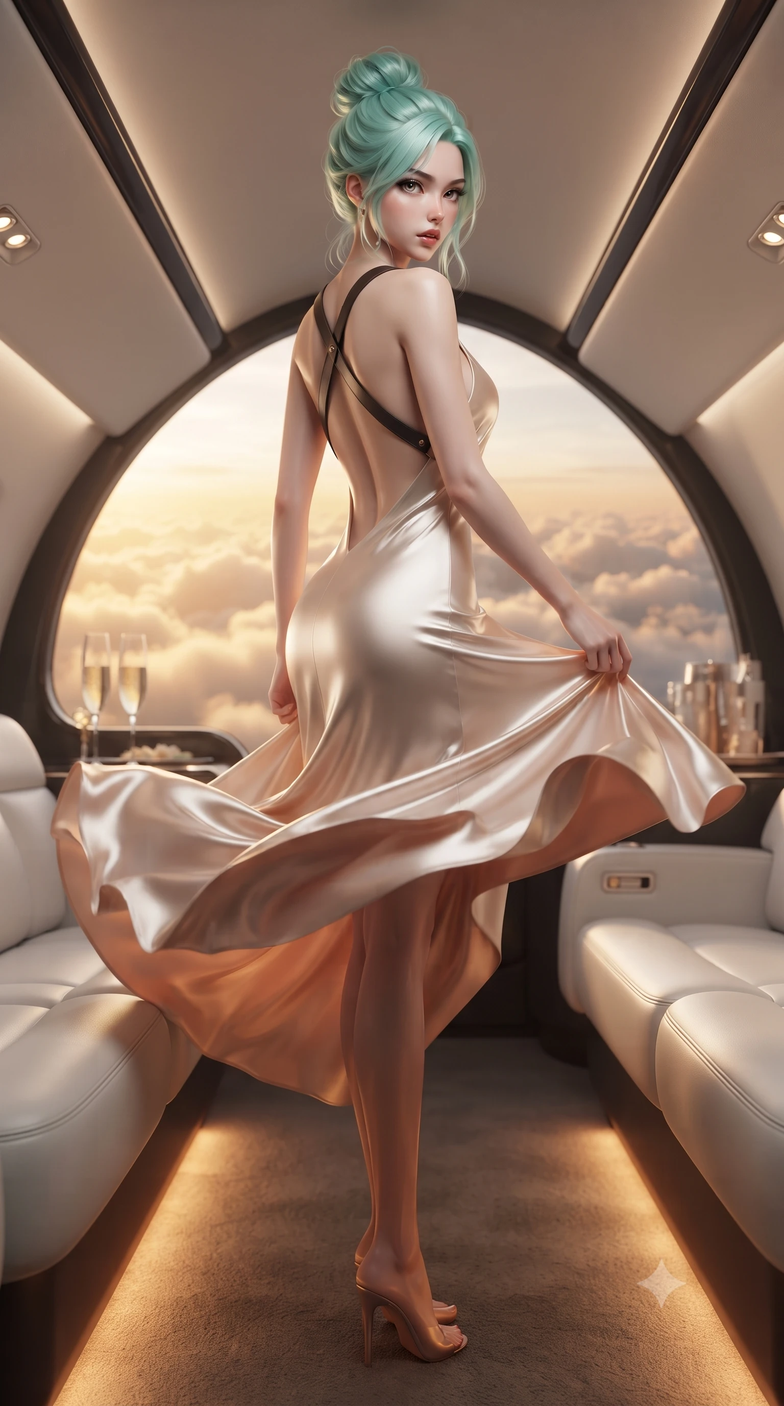 score_9, masterpiece, best quality, ultra-detailed, high-budget anime keyframe, editorial fashion photography, tasteful artistic composition, Japanese woman. low angle full-body shot from head to toe showing her feet, filling the entire 9:16 vertical frame with her statuesque presence, stretching her vertical silhouette. executing an elegant mid-motion pivot turn as garments swirl around her slender limbs, glancing over her shoulder with an intoxicating bedroom-gaze while perching on the edge of a sculpted white leather captain's banquette, arching her lower back as golden sunset storm clouds stretch endlessly beneath the teardrop canopy. The composition keeps background elements in soft focus with creamy bokeh. sleek aerodynamic cabin bulkheads and champagne flutes softened in luxurious shallow focus. She has an exceptionally tall and slender model-like 8.5-heads proportion, an ultra-slim waist, a flat toned midriff, narrow delicate ribcage, and beautifully sculpted feminine hips creating a graceful, slim hourglass silhouette without any bulky heaviness, with impossibly long slender legs. sharp v-shaped jawline, high-bridge nose, intricate jewel-like eyes with depth, thick eyelashes, glossy parted lips with a natural sheen, intensely captivating and seductive bedroom-eyes expression, flawlessly proportioned anatomical accuracy, strict slender model proportions, natural body alignment, perfectly sculpted long slender limbs, ultra-slim waistline, clean dynamic posture without body distortion. wearing a liquid-silk jersey evening gown with an ultra-deep plunging open back descending to the base of her spine and a sculpted hip-hugging skirt in vintage champagne ivory and delicate rose gold, tailored from liquid silk jersey adhering flawlessly to her slender build, featuring an open-back criss-cross harness strap in dark leather, the glove-like aerodynamic silhouette tightly following the natural contour of her hips and long slender legs with statuesque 8.5-heads elegance. illuminated by warm amber floor mood lights sharply defining her sculpted collarbones, flat midriff, and rounded hips. ultra-reflective glossy finish, specular highlights, rich textural contrasts, high-contrast stereoscopic depth, volumetric dynamic lighting, 2k, ultra detail, master piece, 9:16 ratio