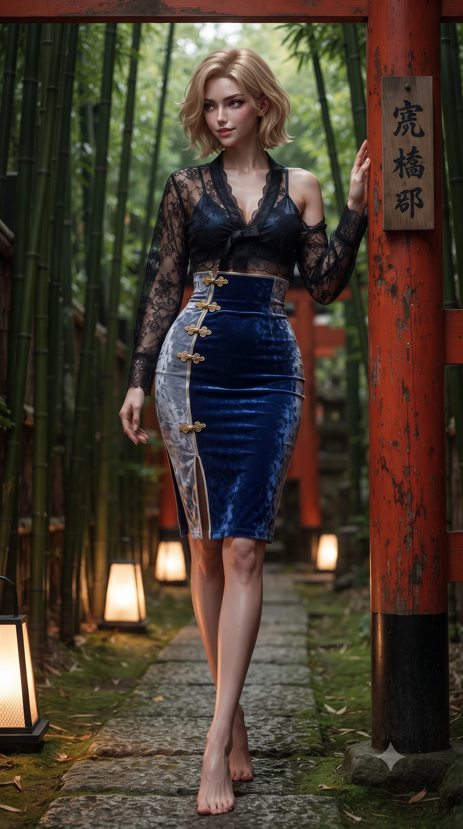 score_9, masterpiece, best quality, ultra-detailed, high-budget anime keyframe, editorial fashion photography, tasteful artistic composition, Caucasian woman. low angle full-body shot from head to toe showing her feet, filling the entire 9:16 vertical frame with her statuesque presence, stretching her vertical silhouette. walking slowly through the bamboo pathway, looking back over her shoulder with an air of effortless oriental grace and an alluring, smoldering smile while leaning against a vermilion wooden gate post with hips cocked back, looking back over a bare shoulder with a dangerous, smoldering half-smile. The surrounding environment is rendered in vivid detail and crisp panoramic clarity: sharp lacquered wood pillar grain, painted black kanji calligraphy, and stone pathway clarity in deep focus. She has an absolutely perfect, statuesque 8.5-heads proportion, an exceptionally tall and slender model-like female figure with impossibly long slender legs, an ultra-slim waist, a flat toned midriff, narrow delicate ribcage, and beautifully sculpted feminine hips creating a graceful, slim hourglass silhouette without any bulky heaviness. sharp v-shaped jawline, high-bridge nose, intricate jewel-like dark sparkling almond eyes with depth, thick lashes, glossy parted lips with a natural rose-plum sheen, bright alluring and coquettish smile with bedroom-eyes, exuding both timeless oriental elegance and sovereign high-fashion allure, flawlessly proportioned anatomical accuracy, strict slender model proportions, natural body alignment, perfectly sculpted long slender limbs, ultra-slim waistline, clean dynamic posture without body distortion. wearing a sheer black lace jeogori worn over an opaque dark silk bralette with an ultra-fitted high-waisted pencil skirt in royal cobalt blue and starlight platinum, crafted from sumptuous crushed winter velvet with deep light-absorbing plushness, accented with intricate gold frog buttons and a delicate mandarin collar, the glove-like silhouette tightly following the natural contour of her hips and long slender legs with youthful 8.5-heads elegance. illuminated by low pathway lanterns and sharp ruby-gold rim lights defining her razor-sharp jawline, narrow waist, and curvy hips. ultra-reflective glossy finish, specular highlights, rich textural contrasts, high-contrast stereoscopic depth, volumetric dynamic lighting, 2k, ultra detail, master piece, 9:16 ratio