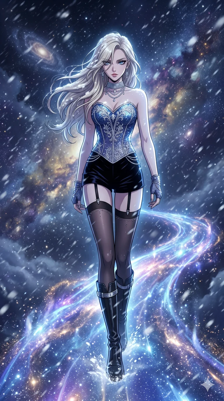 score_9, masterpiece, best quality, ultra-detailed, high-budget anime movie keyframe, cinematic anime lighting, intricate line art, Caucasian (strictly human ears) woman. Dynamic full-body shot stretching the vertical silhouette across the 9:16 frame. walking through a blizzard in a celestial bridge made of light in a mist of stardust. She has an absolutely perfect 8-heads proportion, an exceptionally tall and slender female figure with an ultra-slim waist and impossibly long slender legs. sharp v-shaped jawline, high-bridge nose, intricate jewel-like eyes, thick eyelashes, glossy lips. Wearing luxurious K-pop idol stage outfit featuring a sparkling sequined corset, high-cut velvet shorts, and sheer silk stockings with garter belts, accessorized with crystal chokers. The scene is illuminated by dramatic atmospheric lighting and vibrant color palettes. , 2k, ultra detail, master piece, 9:16 ratio