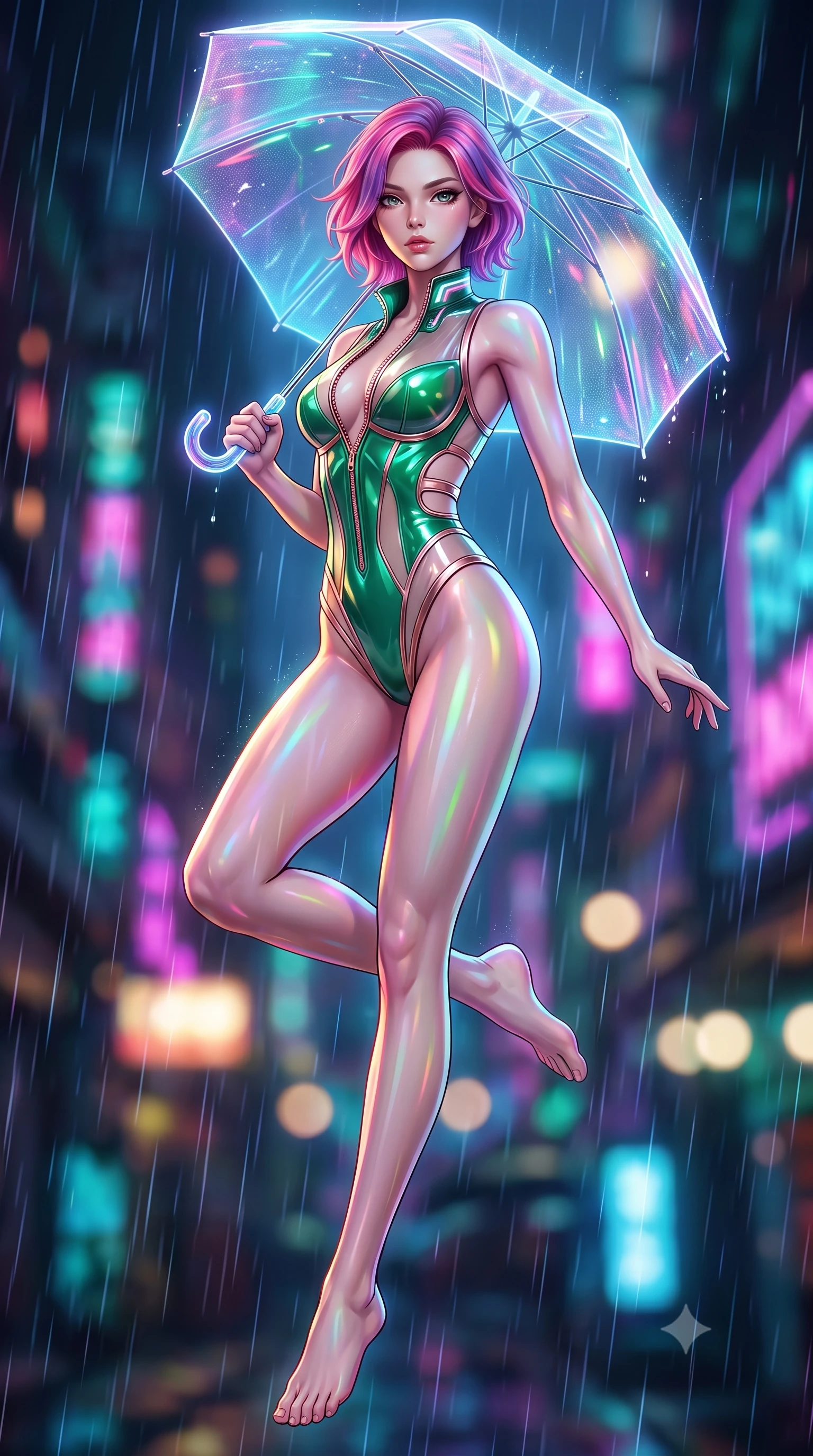 score_9, masterpiece, best quality, ultra-detailed, high-budget anime keyframe, semi-realistic 3D game render, editorial fashion photography, tasteful artistic composition, Caucasian woman. low angle full-body shot from head to toe showing her feet, filling the entire 9:16 vertical frame with her statuesque presence, stretching her vertical silhouette. leaping through mid-air with an athletic yet alluring arch of her spine, her impossibly long slender legs stretched in flawless poise while pausing beneath a glowing holographic umbrella as neon rain streams down her form-contouring outfit. The composition keeps background elements in soft focus with creamy bokeh. neon-lit rain streaks scattering multi-colored light across a dark metropolitan backdrop. She has an absolutely perfect, statuesque 8.5-heads proportion, an exceptionally tall and slender model-like female figure with impossibly long slender legs and an ultra-slim waist. sharp v-shaped jawline, high-bridge nose, intricate jewel-like eyes with depth, thick eyelashes, glossy lips with a natural sheen, flawlessly proportioned anatomical accuracy, natural body alignment, perfectly sculpted elegant limbs, clean dynamic posture without body distortion. wearing a high-cut translucent vinyl leotard with front paneling, exposed side-rib cutouts, and an open back in emerald green and metallic rose gold trim, crafted from ultra-reflective second-skin latex with a glass-like polish, featuring a dangerously unzipped neckline framed by glowing cybernetic accents, the sleek aerodynamic cut emphasizing her magnetic presence and alluring physical grace. surrounded by a gritty, glamorous, and intensely cinematic cyberpunk noir atmosphere. highly saturated vibrant anime colors, detailed shading with soft gradients, rich glossy textures, high-contrast stereoscopic depth, volumetric dynamic lighting, master piece, 9:16 ratio