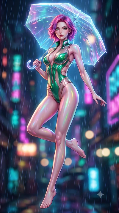 score_9, masterpiece, best quality, ultra-detailed, high-budget anime keyframe, semi-realistic 3D game render, editorial fashion photography, tasteful artistic composition, Caucasian woman. low angle full-body shot from head to toe showing her feet, 