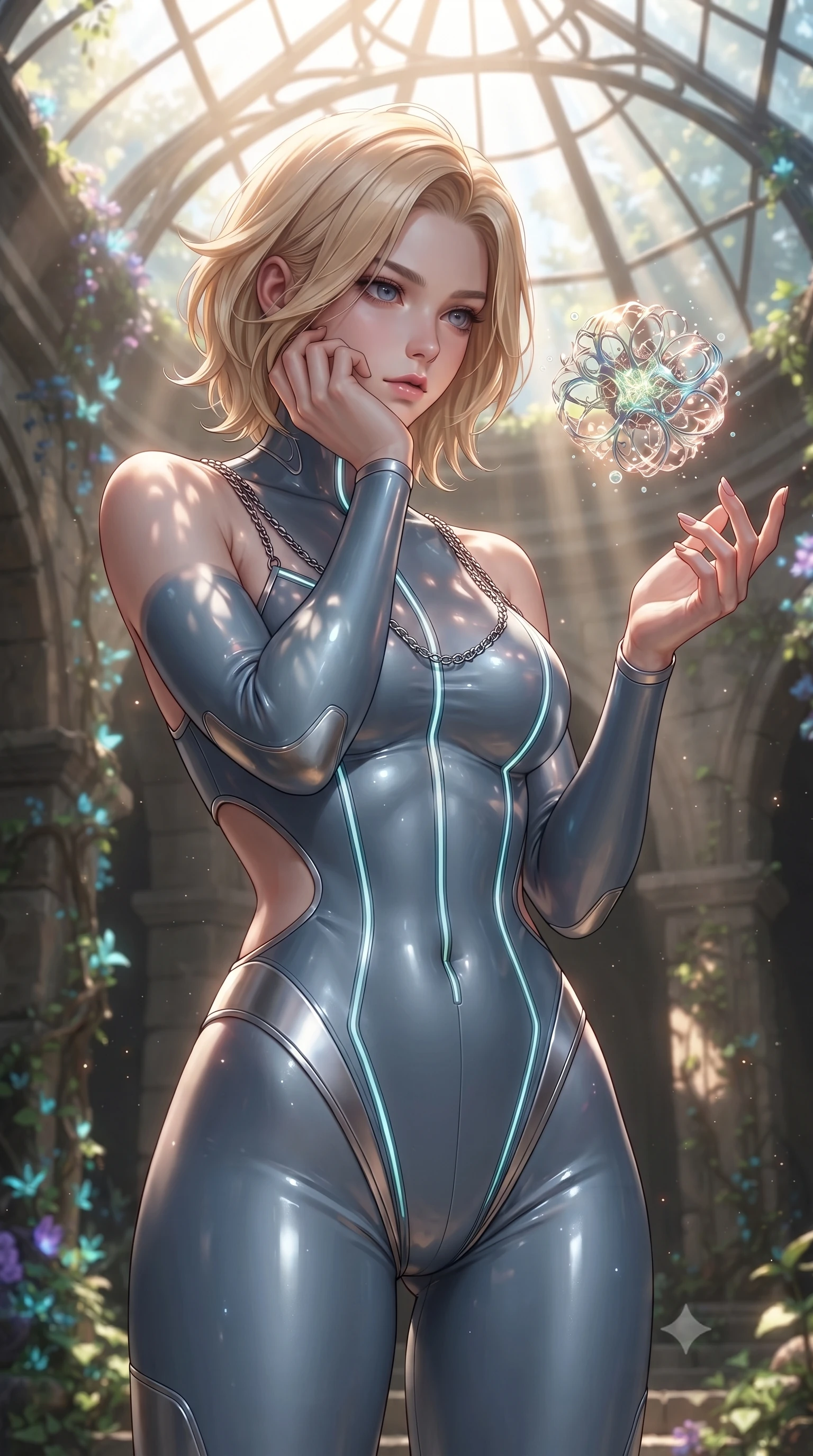 score_9, masterpiece, best quality, ultra-detailed, high-budget anime keyframe, editorial fashion photography, tasteful artistic composition, Caucasian woman. close-up cowboy shot from the waist and thighs up, the character dominates the composition, filling the frame with her large presence, background elements kept in soft focus. Resting her chin on the backs of her fingers, casting a sharp, mysterious gaze interacting with a floating biomorphic pollen orb in a sunlit sanctuary, intense volumetric sunbeams filtering through the glass ceiling. She has an exceptionally elegant, slender, and willowy female figure with an ultra-slim waist, a gracefully sculpted slender torso, and a refined silhouette. sharp v-shaped jawline, high-bridge nose, intricate jewel-like eyes with depth, thick eyelashes, glossy lips with a natural sheen. wearing a skin-tight cybernetic bodysuit with glowing neon seams and side cutouts in slate blue and metallic silver, formed from sleek second-skin neoprene, adorned with delicate metallic chain straps along the neckline, the sleek second-skin texture accentuating her magnetic presence. illuminated by brilliant sunbeams casting organic leaf stencil shadows. ultra-reflective glossy finish, specular highlights, metallic sheen, high-contrast stereoscopic depth, volumetric dynamic lighting, 2k, ultra detail, master piece, 9:16 ratio