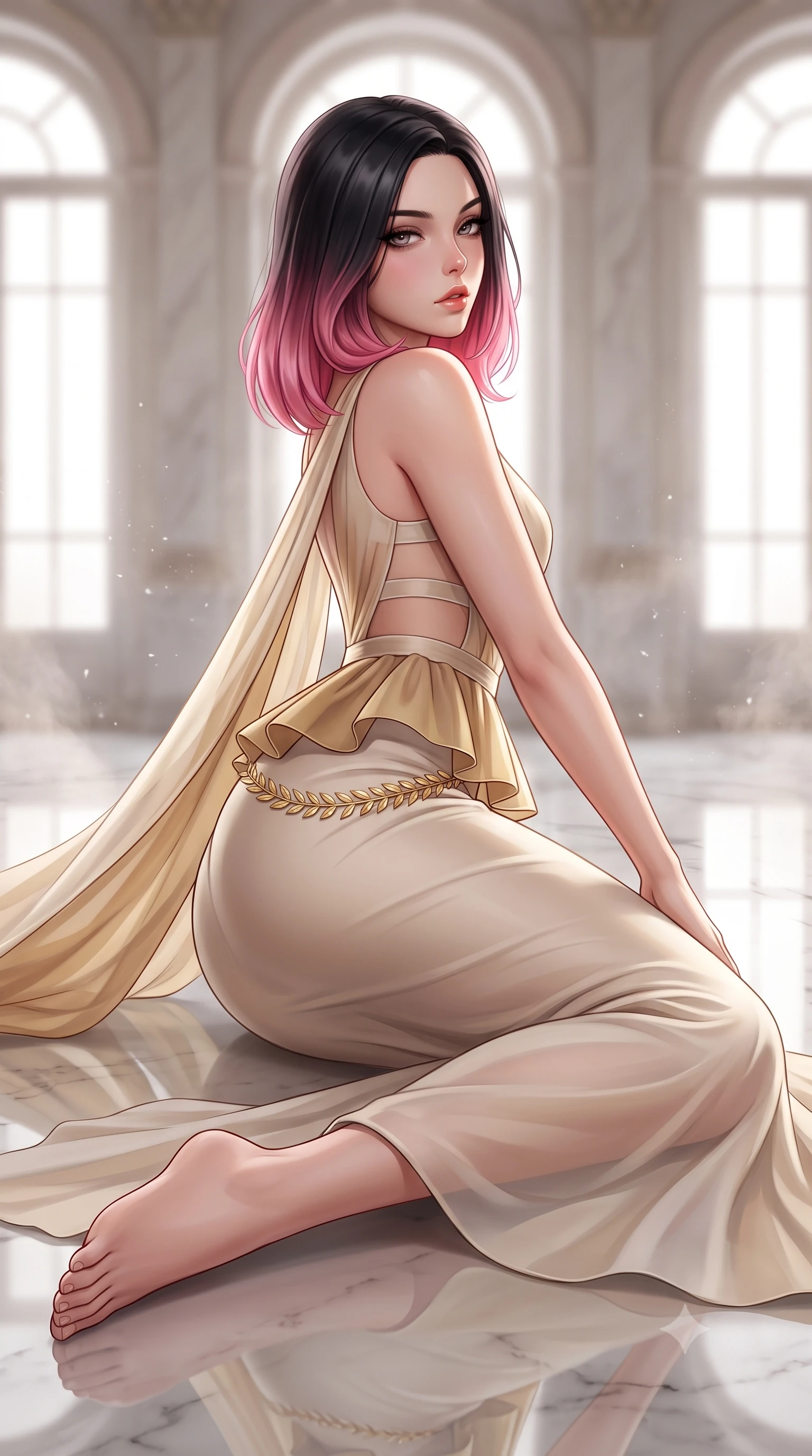 score_9, masterpiece, best quality, ultra-detailed, high-budget anime keyframe, semi-realistic 3D game render, editorial fashion photography, tasteful artistic composition, Korean woman. close-up cowboy shot from the waist and thighs up, the character dominates the composition, filling the frame with her large presence. twisting her slender torso in a deep contrapposto stance, hips dramatically shifted to accentuate her feminine curves while looking past her shoulder with smoldering bedroom-eyes while lying languidly on the polished marble studio floor, legs extended in an alluring dancer line as north light pours over her form. The composition keeps background elements in soft focus with creamy bokeh. soaring arched studio windows and drifting marble dust softened in classical artistic shallow focus. She has an exceptionally elegant, slender, and willowy female figure with an ultra-slim waist, a gracefully sculpted slender torso, toned flat midriff, and rounded feminine hips creating an alluring hourglass silhouette. sharp v-shaped jawline, high-bridge nose, intricate jewel-like eyes with depth, thick eyelashes, glossy parted lips with a natural sheen, intensely captivating and seductive bedroom-eyes expression, flawlessly proportioned anatomical accuracy, strict slender model proportions, natural body alignment, perfectly sculpted long slender limbs, ultra-slim waistline, clean dynamic posture without body distortion. wearing a structural geometric peplum gown with sheer side-ribbon cutouts and form-fitting skirt in warm limestone cream and brushed brass, woven from layered gossamer chiffon with a weightless sweeping drape, accented with a delicate golden laurel leaf waist chain framing the curve of her hips, the glove-like aerodynamic silhouette tightly following the natural contour of her hips and long slender legs with statuesque precision. bathed in dramatic natural north skylight streaming through cathedral windows. highly saturated vibrant anime colors, detailed shading with soft gradients, rich glossy textures, high-contrast stereoscopic depth, volumetric dynamic lighting, master piece, 9:16 ratio