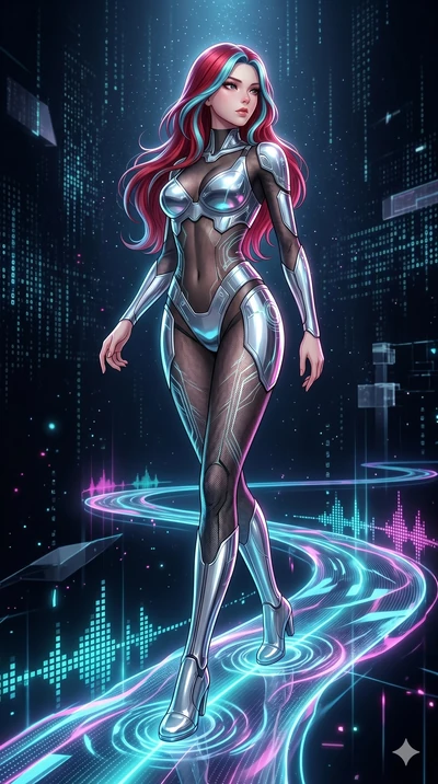 score_9, masterpiece, best quality, ultra-detailed, high-budget anime keyframe, Korean woman. low angle full-body shot filling the entire 9:16 frame with her statuesque presence, stretching the vertical silhouette. stepping on holographic fluid ribbo