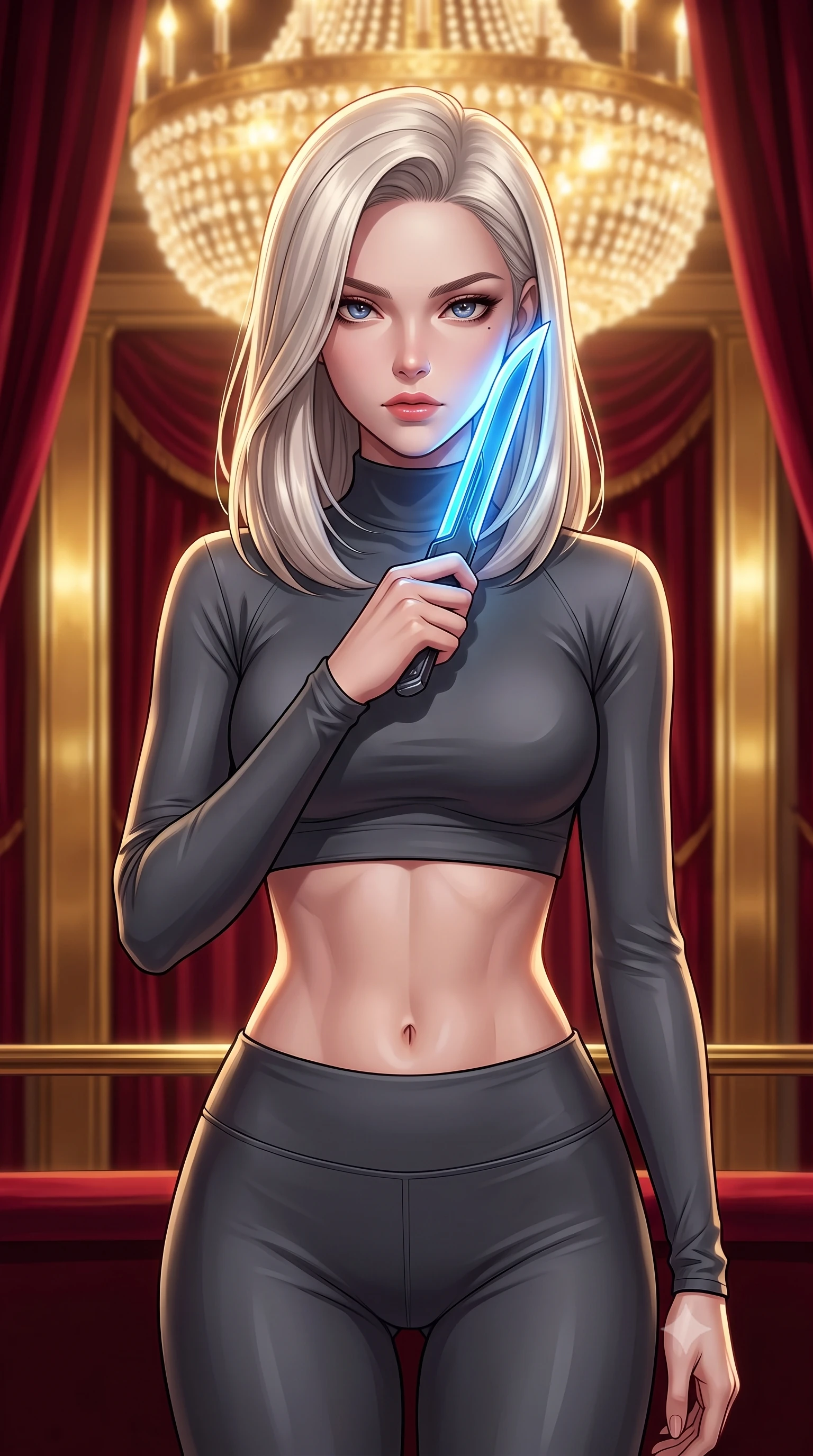 score_9, masterpiece, best quality, ultra-detailed, high-budget anime keyframe, editorial fashion photography, tasteful artistic composition, Caucasian woman. close-up cowboy shot from the waist and thighs up, the character dominates the composition, filling the frame with her large presence, background elements kept in soft focus. pressing the flat side of a glowing vibro-blade against her cheek, locking eyes with the viewer with bedroom-eyes, the background shows a soft-focus a VIP opera box suite draped in heavy crimson velvet and gold brass panels. She has an exceptionally elegant, slender, and willowy female figure with an ultra-slim waist, a gracefully sculpted slender torso, and a refined silhouette. sharp v-shaped jawline, high-bridge nose, intricate jewel-like eyes with depth, thick eyelashes, glossy lips with a natural sheen. wearing a form-contouring body-hugging high-neck activewear set of a tailored zip-up long-sleeve crop top and matching leggings in carbon-grey. warm golden light from the massive theater chandelier casting a soft wash. highly saturated vibrant anime colors, detailed shading with soft gradients, rich glossy textures, high-contrast stereoscopic depth, volumetric dynamic lighting, master piece, 9:16 ratio