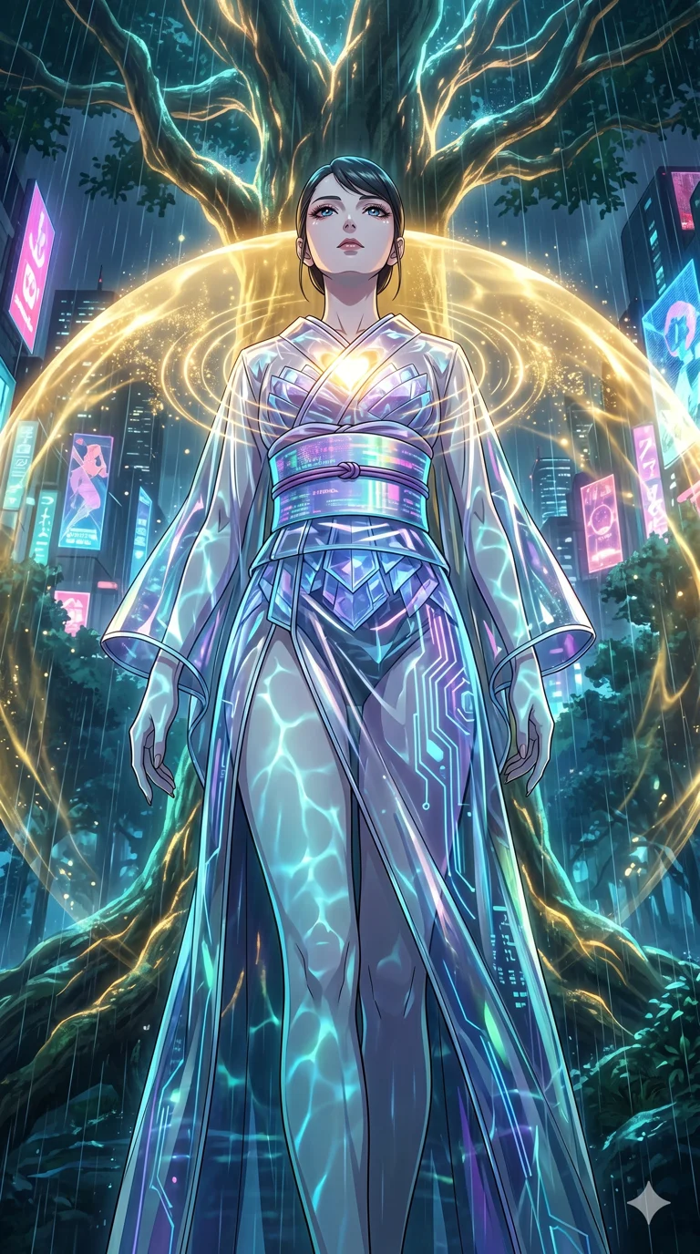 score_9, masterpiece, best quality, ultra-detailed, High-budget Anime Keyframe, vibrant colors, fluid line-art, expressive lighting, cinematic composition, Ufotable-style visual effects, top-tier animation quality, Japanese woman with delicate and elegant anime-inspired features. Low angle cowboy shot filling the entire 9:16 frame with her statuesque presence, looking up to emphasize her height. Protecting a sacred world-tree with her own life-force, a golden shield expanding from her heart to cover the forest. She has an absolutely perfect 8-heads proportion, an exceptionally tall and slender female figure with impossibly long slender legs and an ultra-slim waist, her statuesque height and towering silhouette dominating the vertical 9:16 frame. Her face is a masterpiece featuring a sharp v-shaped jawline, high-bridge nose, intricate jewel-like eyes with depth, thick eyelashes, and glossy lips with a natural sheen. She is wearing a High-slit tech-kimono with holographic obi and integrated neon-lit circuitry patterns crafted from Transparent PVC with a high-gloss finish that reveals the intricate layers beneath, featuring a crystalline structure that catches the light and reveals her slender frame. The scene is set in a sprawling cyberpunk metropolis in heavy rain with vibrant neon glows reflecting on every surface, illuminated by underwater caustic lighting with ripples of light dancing across her body. 2k, ultra detail, master piece, 9:16 ratio