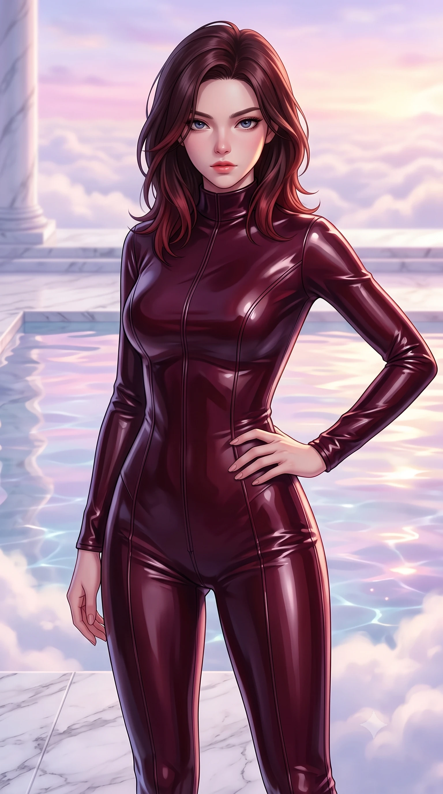 score_9, masterpiece, best quality, ultra-detailed, high-budget anime keyframe, editorial fashion photography, tasteful artistic composition, Korean woman woman. close-up cowboy shot from the waist and thighs up, the character dominates the composition, filling the frame with her large presence, background elements kept in soft focus. She has an exceptionally elegant, slender, and willowy female figure with an ultra-slim waist, a gracefully sculpted slender torso, and a refined silhouette. holding a confident power pose with one hand on her hip, looking directly into the camera with quiet self-assurance, flawlessly proportioned anatomical accuracy, natural body alignment, perfectly sculpted elegant limbs, clean dynamic posture without body distortion. set against a soft-focus background of a white marble terrace pool above a sea of clouds. wearing a form-fitting dark burgundy vinyl bodycon outfit with a high collar line. bathed in soft pastel dawn light reflecting off clear water onto her refined features. highly saturated vibrant anime colors, detailed shading with soft gradients, rich glossy textures, high-contrast stereoscopic depth, volumetric dynamic lighting, master piece, 9:16 ratio