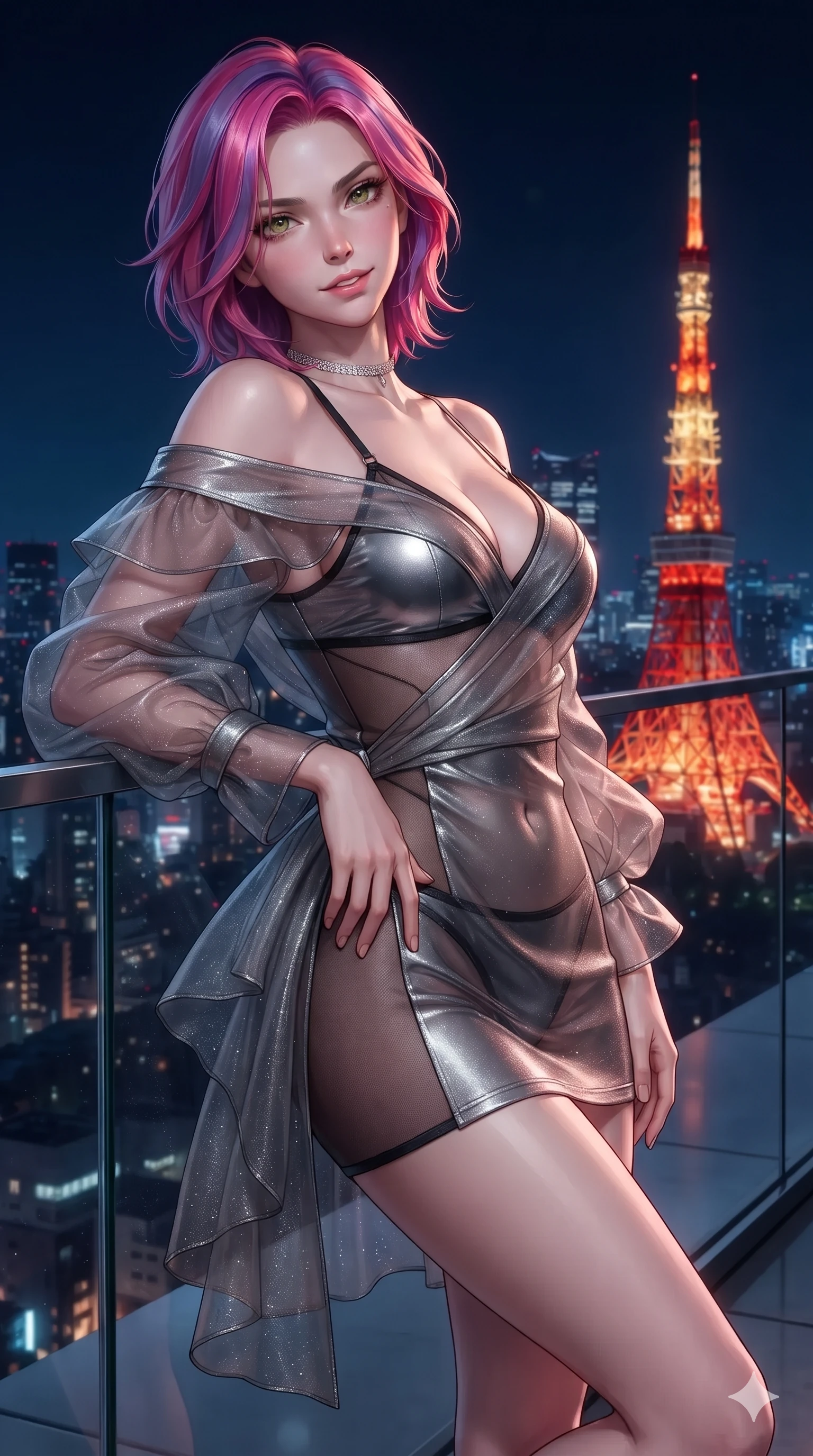 score_9, masterpiece, best quality, ultra-detailed, high-budget anime keyframe, editorial fashion photography, tasteful artistic composition, Caucasian woman. close-up cowboy shot from the waist and thighs up, the character dominates the composition, filling the frame with her large presence. tilting her head with a teasing half-smile, running one hand slowly down the side of her hip in a flirtatious S-curve as ambient neon caresses her silhouette while leaning back against the sleek glass parapet with hips cocked back, casting an intoxicating, sultry bedroom-gaze over a bare shoulder toward the lens. The surrounding environment is rendered in vivid detail and crisp panoramic clarity: detailed asymmetric liquid mercury metallic mini dress tailoring, sheer mesh inserts, and night-sky architecture in razor-sharp precision. She has an exceptionally elegant, slender, and willowy female figure with an ultra-slim waist, flat toned midriff, narrow ribcage, and sculpted feminine hips creating an alluring, slim hourglass silhouette without bulk. sharp v-shaped jawline, high-bridge nose, intricate jewel-like dark sparkling eyes with dangerous depth, thick curled eyelashes, glossy parted lips with a rich wine sheen, smoldering seductive half-smile with bedroom-eyes, exuding effortless superiority and intoxicating dark allure, flawlessly proportioned anatomical accuracy, strict slender model proportions, natural body alignment, perfectly sculpted long slender limbs, ultra-slim waistline, clean dynamic posture without body distortion. wearing a sheer gossamer organza evening kimono slipping off bare shoulders over a matching satin micro-bralette and briefs in metallic liquid silver and pitch black, woven from metallic lurex thread casting subtle starlight glints across the fabric, finished with a delicate diamond choker catching the chandelier light, the form-contouring cut accentuating her sculpted flat midriff, narrow delicate ribcage, and gracefully curvy hips with intoxicating allure. bathed in the warm radiant scarlet and orange glow of Tokyo Tower contrasted with deep midnight navy skies. ultra-reflective glossy finish, specular highlights, rich textural contrasts, high-contrast stereoscopic depth, volumetric dynamic lighting, 2k, ultra detail, master piece, 9:16 ratio