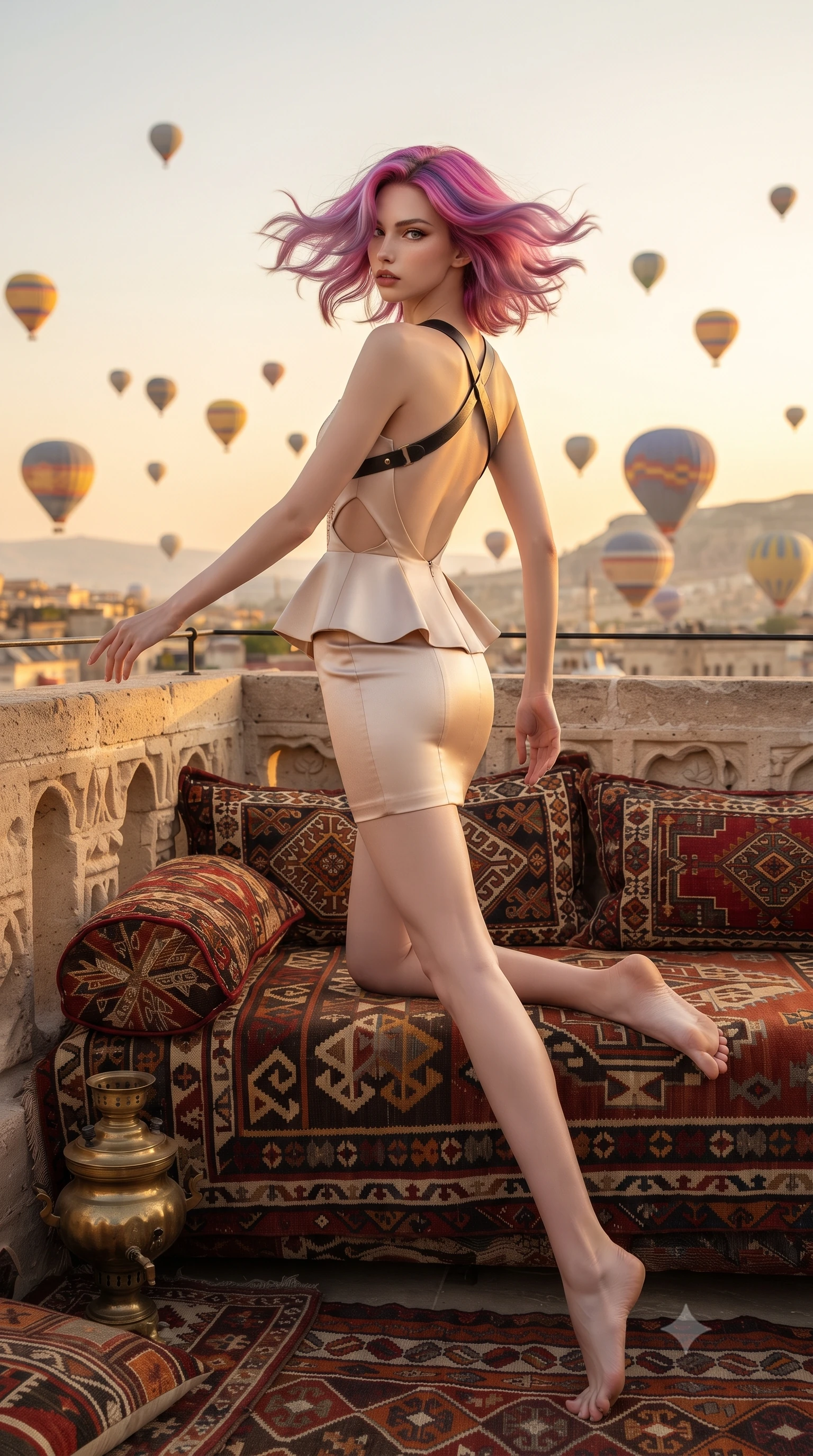 score_9, masterpiece, best quality, ultra-detailed, high-budget anime keyframe, editorial fashion photography, tasteful artistic composition, Caucasian woman. low angle full-body shot from head to toe showing her feet, filling the entire 9:16 vertical frame with her statuesque presence, stretching her vertical silhouette. executing an elegant mid-motion pivot turn as garments swirl around her slender limbs, glancing over her shoulder with an intoxicating bedroom-gaze while reclining across a Turkish kilim daybed on a carved sandstone terrace as hundreds of colorful hot air balloons rise with the golden sunrise. The composition keeps background elements in soft focus with creamy bokeh. embroidered kilim cushions and brass samovars softened in dreamy dawn shallow focus. She has an exceptionally tall and slender model-like 8.5-heads proportion, an ultra-slim waist, a flat toned midriff, narrow delicate ribcage, and beautifully sculpted feminine hips creating a graceful, slim hourglass silhouette without any bulky heaviness, with impossibly long slender legs. sharp v-shaped jawline, high-bridge nose, intricate jewel-like eyes with depth, thick eyelashes, glossy parted lips with a natural sheen, intensely captivating and seductive bedroom-eyes expression, flawlessly proportioned anatomical accuracy, strict slender model proportions, natural body alignment, perfectly sculpted long slender limbs, ultra-slim waistline, clean dynamic posture without body distortion. wearing a modern peplum corset dress with side-waist diamond cutouts and an ultra-tight silhouette in vintage champagne ivory and delicate rose gold, tailored from water-resistant treated wool gabardine and flexible stretch silk, featuring an open-back criss-cross harness strap in dark leather, the dramatically scooped open back descending to the base of her spine, accentuating her razor-sharp statuesque lines and slim hourglass silhouette. illuminated by crisp directional dawn light sharply sculpting her razor-sharp jawline, narrow waist, and curvy hips. ultra-reflective glossy finish, specular highlights, rich textural contrasts, high-contrast stereoscopic depth, volumetric dynamic lighting, 2k, ultra detail, master piece, 9:16 ratio
