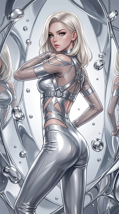 score_9, masterpiece, best quality, ultra-detailed, high-budget anime keyframe, Caucasian woman, strictly human ears. Upper body close-up from the thighs up, character filling the screen for maximum presence. She is surrounded by floating mercury dro