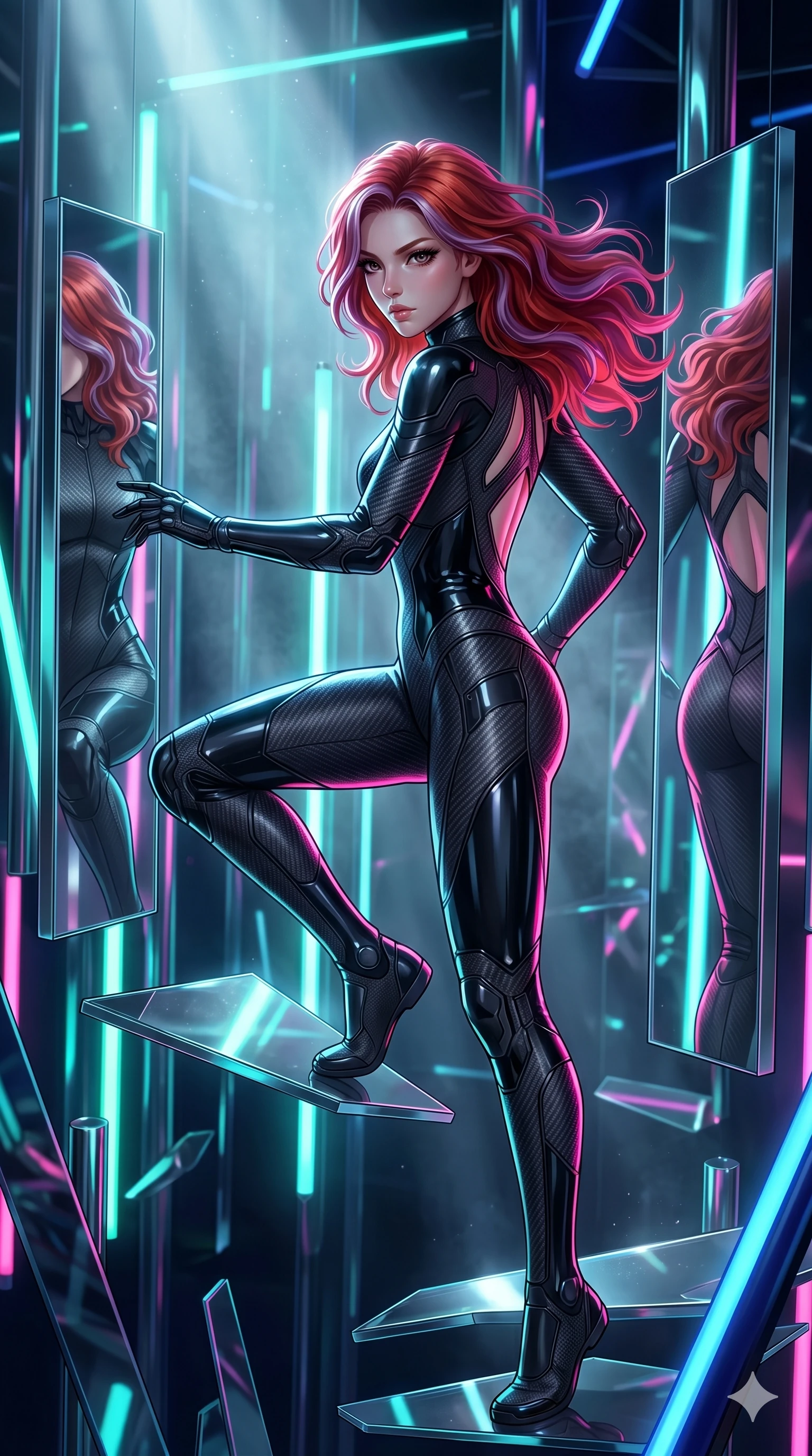 score_9, masterpiece, best quality, ultra-detailed, high-budget anime keyframe, Caucasian woman, strictly human ears. upper body close-up from the thighs up, character filling the screen for maximum presence. navigating a kinetic light-sculpture mirror maze, passing between floating chromium mirror pillars and rotating LED sticks. She has an absolutely perfect 8-heads proportion, an exceptionally tall and slender female figure with impossibly long slender legs and an ultra-slim waist. V-shaped jawline, high-bridge nose, intricate jewel-like eyes with depth, thick eyelashes, glossy lips with a natural sheen.. wearing a second-skin carbon fiber combat suit, featuring matte carbon fiber and glossy latex panels with elegant slitted cutouts on the upper back. bathed in brilliant cinematic volumetric lighting and intense neon rim light highlighting her slender form. 2k, ultra detail, master piece, 9:16 ratio