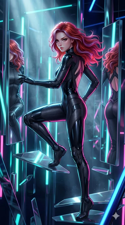 score_9, masterpiece, best quality, ultra-detailed, high-budget anime keyframe, Caucasian woman, strictly human ears. upper body close-up from the thighs up, character filling the screen for maximum presence. navigating a kinetic light-sculpture mirr