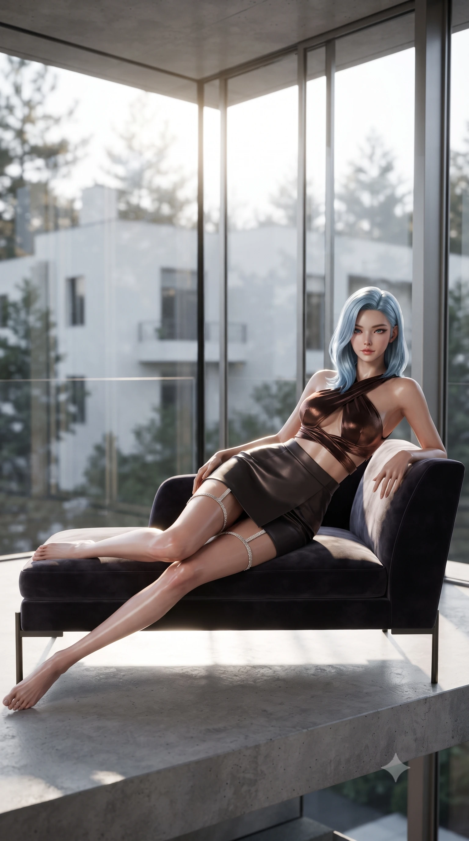 score_9, masterpiece, best quality, ultra-detailed, high-budget anime keyframe, editorial fashion photography, tasteful artistic composition, Korean woman. low angle full-body shot from head to toe showing her feet, filling the entire 9:16 vertical frame with her statuesque presence, stretching her vertical silhouette. reclining gracefully across the plush chaise lounge with one leg extended, her sculpted silhouette and flat midriff radiating magnetic nocturnal glamour while standing on the cantilevered concrete balcony framed by the iconic steel-and-glass curtain wall, arching her back with high-fashion poise. The background shows a soft-focus the monumental steel-framed glass facade, white stucco modernist buildings, and pine trees blurred into cool grey, optic white, and sage bokeh. She has an absolutely perfect, statuesque 8.5-heads proportion, an exceptionally tall and slender model-like female figure with impossibly long slender legs, an ultra-slim waist, a flat toned midriff, narrow delicate ribcage, and beautifully sculpted feminine hips creating a graceful, slim hourglass silhouette without any bulky heaviness. sharp v-shaped jawline, high-bridge nose, sparkling eyes with hypnotic seductive depth, thick curled eyelashes, glossy parted lips with a natural dewy peach sheen, alluring bedroom-eyes with an enchanting coquettish smile, exuding magnetic siren charisma and sophisticated glamour, flawlessly proportioned anatomical accuracy, strict slender model proportions, natural body alignment, perfectly sculpted long slender limbs, ultra-slim waistline, clean dynamic posture without body distortion. wearing a high-waisted architectural wrap mini skirt with clean structural lines paired with a plunging criss-cross crop top in sultry espresso bronze and metallic copper with velvet sheen, made of semi-opaque stretch illusion mesh with soft shadowy contours, finished with delicate crystal-encrusted thigh garter straps glinting under the lights, the high-slit wrap tailoring accentuating her ultra-slim waistline and the enchanting curve of her feminine hips with alluring seductive charm. bathed in brilliant morning sunlight streaming through the floor-to-ceiling glass curtain wall. ultra-reflective glossy finish, specular highlights, rich textural contrasts, high-contrast stereoscopic depth, volumetric dynamic lighting, 2k, ultra detail, master piece, 9:16 ratio