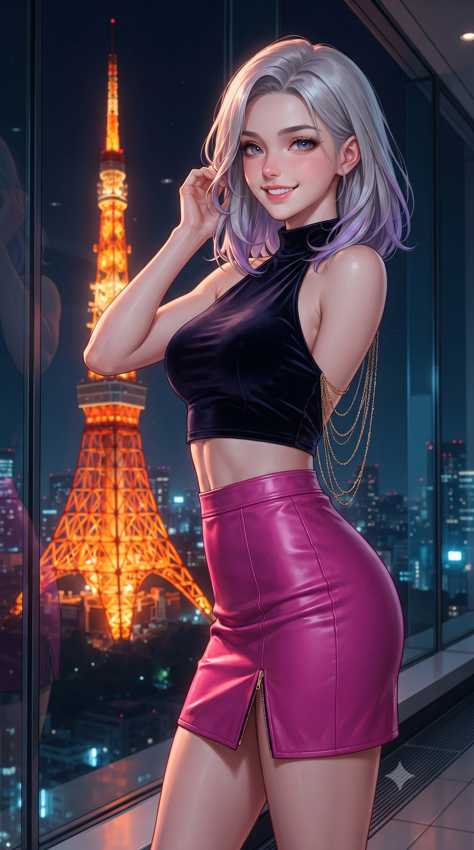 score_9, masterpiece, best quality, ultra-detailed, high-budget anime keyframe, editorial fashion photography, tasteful artistic composition, Caucasian woman. close-up cowboy shot from the waist and thighs up, the character dominates the composition, filling the frame with her large presence. gently brushing a lock of hair behind her ear while casting a playful, flirtatious side-gaze with long eyelashes while standing poised beside the floor-to-ceiling glass wall as Tokyo Tower blazes in fiery orange, arching her back with nocturnal glamour. The surrounding environment is rendered in vivid detail and crisp panoramic clarity: detailed wet-look vinyl bustier texture, sheer wrap mini skirt drape, and architectural precision in high resolution. She has an exceptionally elegant, slender, and willowy female figure with an ultra-slim waist, flat toned midriff, narrow ribcage, and sculpted feminine hips creating an alluring, slim hourglass silhouette without bulk. sharp v-shaped jawline, high-bridge nose, intricate jewel-like sparkling eyes with depth, thick eyelashes, glossy parted lips with a natural peach sheen, bright cheerful beaming smile with an enchanting and coquettish sensual glint, exuding both youthful cute charm and seductive allure, flawlessly proportioned anatomical accuracy, strict slender model proportions, natural body alignment, perfectly sculpted long slender limbs, ultra-slim waistline, clean dynamic posture without body distortion. wearing a high-neck cropped halter top in stretch velvet paired with a high-waisted leather mini skirt with side zip slit in Tokyo neon cyber magenta and glossy obsidian black, woven from buttery-soft stretch lambskin leather adhering to her body like a second skin, accented with an open-back drape framed by falling strands of delicate gold chains, the glove-like clinging cut tightly following the natural contour of her hips and long slender legs with youthful 8.5-heads elegance. bathed in the warm radiant orange-scarlet beacon glow of Tokyo Tower contrasted with deep midnight sky. ultra-reflective glossy finish, specular highlights, rich textural contrasts, high-contrast stereoscopic depth, volumetric dynamic lighting, 2k, ultra detail, master piece, 9:16 ratio