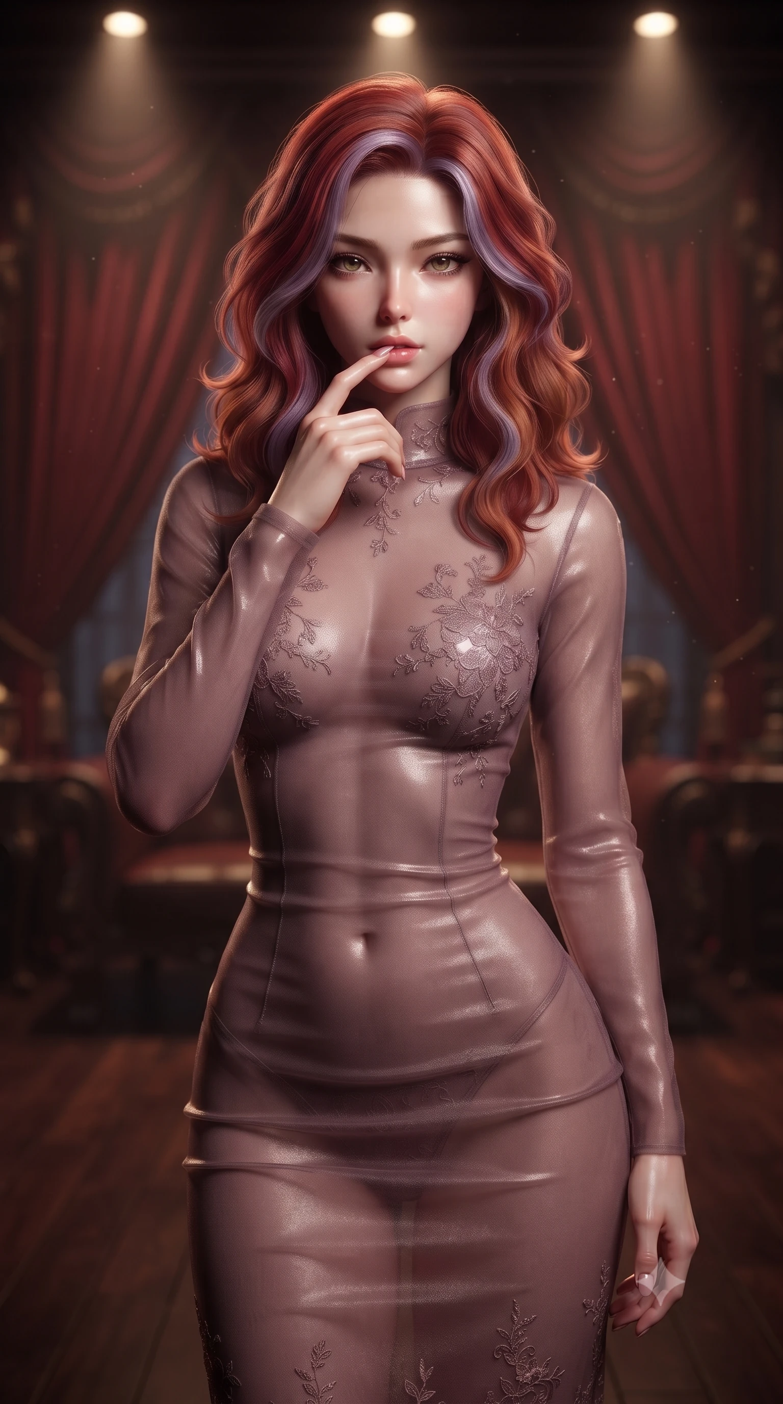 score_9, masterpiece, best quality, ultra-detailed, high-budget anime keyframe, editorial fashion photography, tasteful artistic composition, Caucasian woman. close-up cowboy shot from the waist and thighs up, the character dominates the composition, filling the frame with her large presence, background elements kept in soft focus. pressing one finger to her bottom lip in a thoughtful, seductive gesture under the warm sun the background shows a soft-focus a luxury gothic penthouse suite with crimson velvet curtains and dark mahogany floor. She has an exceptionally elegant, slender, and willowy female figure with an ultra-slim waist, a gracefully sculpted slender torso, and a refined silhouette. sharp v-shaped jawline, high-bridge nose, intricate jewel-like eyes with depth, thick eyelashes, glossy lips with a natural sheen. wearing a form-contouring sheer organza dress in dusty mauve, showing her slender torso and willowy silhouette. focused warm spotlights creating a premium, mysterious atmosphere. ultra-reflective glossy finish, specular highlights, metallic sheen, high-contrast stereoscopic depth, volumetric dynamic lighting, 2k, ultra detail, master piece, 9:16 ratio