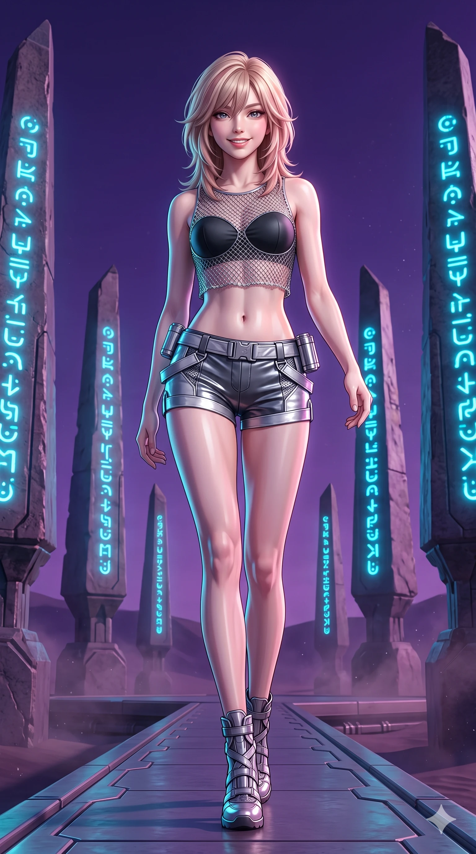 score_9, masterpiece, best quality, ultra-detailed, high-budget anime keyframe, semi-realistic 3D game render, editorial fashion photography, tasteful artistic composition, Japanese woman. low angle full-body shot from head to toe showing her feet, filling the entire 9:16 vertical frame with her statuesque presence, stretching her vertical silhouette. stepping forward in a confident stride along the catwalk, her long slender legs and curvaceous hips creating a dynamic, sweeping vertical line while standing poised amidst a circle of towering monolith spires etched with pulsing blue alien glyphs, arching her spine with dancer-like elegance. The surrounding environment is rendered in vivid detail and crisp panoramic clarity: detailed tech-lace tailoring, polished magnetic buckle clasps, and ancient alien architecture in razor-sharp clarity. She has an absolutely perfect, statuesque 8.5-heads proportion, an exceptionally tall and slender model-like female figure with impossibly long slender legs, an ultra-slim waist, a flat toned midriff, narrow delicate ribcage, and beautifully sculpted feminine hips creating a graceful, slim hourglass silhouette without any bulky heaviness. sharp v-shaped jawline, high-bridge nose, intricate jewel-like sparkling eyes with depth, thick eyelashes, glossy parted lips with a natural sheen, bright confident smile with an enchanting and coquettish sensual glint, exuding both youthful magnetic charm and sovereign high-tech allure, flawlessly proportioned anatomical accuracy, strict slender model proportions, natural body alignment, perfectly sculpted long slender limbs, ultra-slim waistline, clean dynamic posture without body distortion. wearing a delicate silver chainmail mesh crop top layered over a sculpted matte black bandeau with low-rise combat shorts in metallic graphite and starlight platinum, crafted from translucent high-gloss aerospace polymer with an internal crystalline sheen, accented with a sleek utility belt with polished magnetic canisters resting loosely on her curvy hips, the impeccably tailored cut draping gracefully along her slender figure with aristocratic poise. bathed in the serene glowing cyan-blue light of the alien glyphs contrasting with the deep purple ambient twilight of the desert sky. highly saturated vibrant anime colors, detailed shading with soft gradients, rich glossy textures, high-contrast stereoscopic depth, volumetric dynamic lighting, master piece, 9:16 ratio
