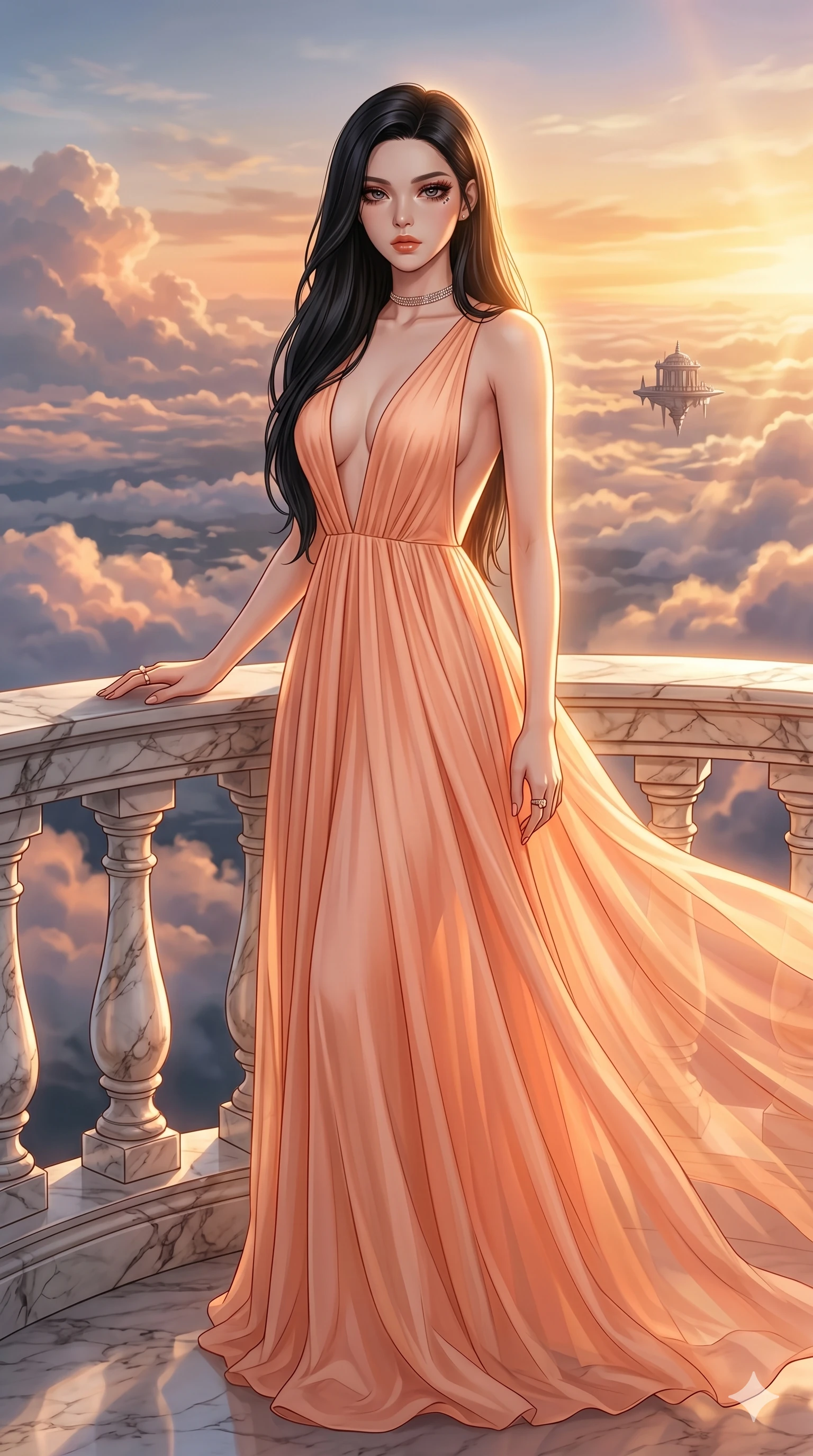 score_9, masterpiece, best quality, ultra-detailed, high-budget anime keyframe, editorial fashion photography, tasteful artistic composition, Korean woman. cowboy shot from the thighs up, character and outfit filling the frame for maximum editorial presence. resting one hand on the marble railing, looking at the lens with quiet superiority on a floating marble balcony above a sunset cloudscape (Code-P16-078). She has an absolutely perfect 8-heads proportion, an exceptionally tall and slender female figure with impossibly long slender legs and an ultra-slim waist. V-shaped jawline, high-bridge nose, intricate jewel-like eyes with depth, thick eyelashes, glossy lips with a natural sheen. wearing a flowing peach silk gown with a daring plunging V-neckline and scooped open back. bathed in warm golden afternoon sunbeams, casting a warm glowing aura on her. 2k, ultra detail, master piece, 9:16 ratio