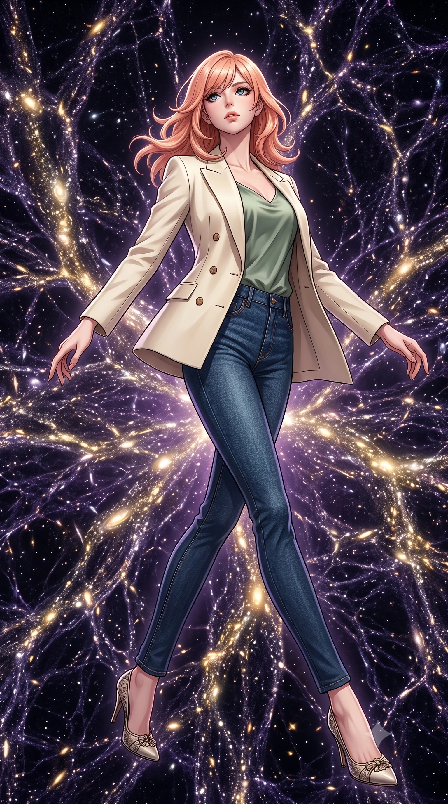 score_9, masterpiece, best quality, ultra-detailed, high-budget anime keyframe, editorial fashion photography, tasteful artistic composition, Japanese woman. low angle full-body shot from head to toe showing her feet, filling the entire 9:16 vertical frame with her statuesque presence, stretching her vertical silhouette. twirling with balletic elegance inside at the grand intersection point of cosmic web filaments where streams of thousands of galaxies flow in luminous rivers along dark matter scaffolding the largest structure in the universe made visible. She has a statuesque 8.5-heads proportion, an exceptionally tall, slender and willowy model-like build with impossibly long legs and a highly sculpted ultra-slim waist. sharp v-shaped jawline, high-bridge nose, intricate jewel-like eyes with depth, thick eyelashes, glossy lips with a natural sheen. wearing a tailored cream double-breasted blazer over a sage green silk top, paired with raw dark blue denim. diffuse warm glow from millions of galaxies flowing along the cosmic web filaments in gold and white with dark matter framework creating subtle purple fluorescence. 2k, ultra detail, master piece, 9:16 ratio