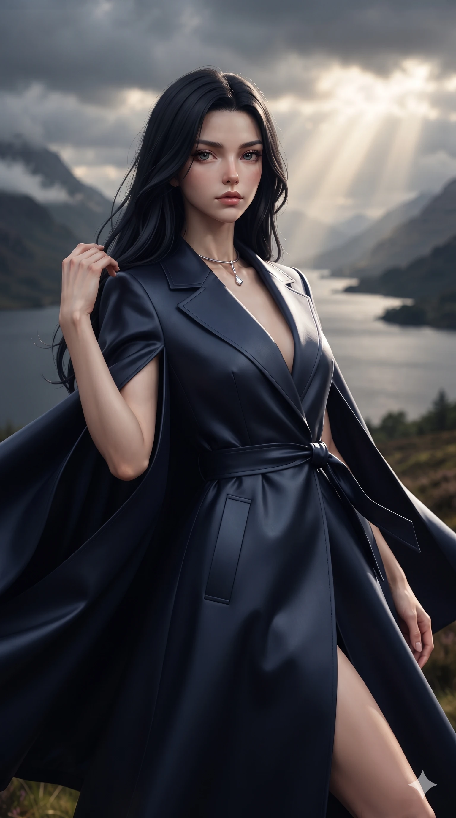 score_9, masterpiece, best quality, ultra-detailed, high-budget anime keyframe, editorial fashion photography, tasteful artistic composition, Korean woman. close-up cowboy shot from the waist and thighs up, the character dominates the composition, filling the frame with her large presence. leaning back with relaxed seductive grace, her sculpted collarbones and narrow waist highlighted as she casts smoldering bedroom-eyes directly into the camera while turning in an alluring contrapposto stance as her sweeping heavy fabric catches the highland breeze, gazing out over the vast loch with sovereign allure. The composition keeps background elements in soft focus with creamy bokeh: vast dark loch waters stretching between mist-capped mountains, dramatic storm cloud breaks, and ancient heather hills blurred into slate, heather, and silver bokeh. She has an exceptionally elegant, slender, and willowy female figure with an ultra-slim waist, flat toned midriff, narrow ribcage, and sculpted feminine hips creating an alluring, slim hourglass silhouette without bulk. sharp v-shaped jawline, high-bridge nose, intricate jewel-like eyes with depth, thick eyelashes, glossy parted lips with a natural sheen, intensely captivating and seductive bedroom-eyes expression, flawlessly proportioned anatomical accuracy, strict slender model proportions, natural body alignment, perfectly sculpted long slender limbs, ultra-slim waistline, clean dynamic posture without body distortion. wearing a tailored double-faced cashmere cape coat with structured lapels and a self-tying belt cinching her waist in midnight sapphire and polished liquid silver, tailored from heavy Italian silk mikado with an architectural structured drape, finished with a minimalist chrome choker and a single teardrop diamond pendant, the impeccably tailored cut draping gracefully along her slender figure with aristocratic poise. dramatic golden sunbeam shafts piercing storm clouds and casting high-contrast specular rim lights across her silhouette. ultra-reflective glossy finish, specular highlights, rich textural contrasts, high-contrast stereoscopic depth, volumetric dynamic lighting, 2k, ultra detail, master piece, 9:16 ratio