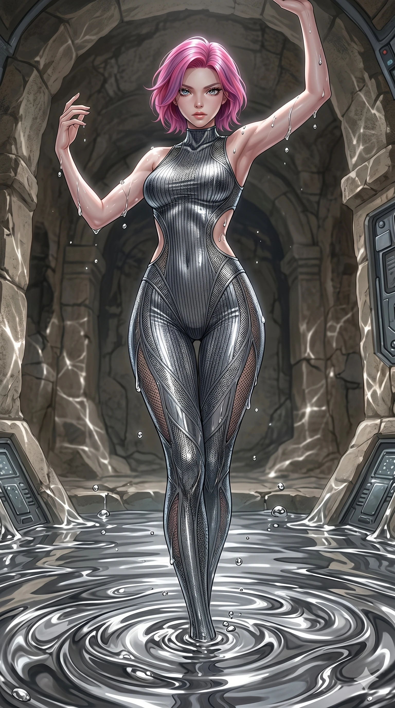 score_9, masterpiece, best quality, ultra-detailed, High-budget Anime Keyframe, East Asian woman. Dynamic full-body shot stretching the vertical silhouette to the limit. Scenario 74: Rising from a pool of mercury-like liquid, droplets rolling off her skin. Her presence is magnetic and overpowering in this high-budget anime scene. Outfit 74: A ribbed bodycon knit micro-mesh with a strategic side cut-outs and wet-look texture. The clothing is designed to emphasize her exceptionally tall and slender 8-heads proportion. 8-heads proportion, towering silhouette, ultra-slim waist. sharp v-shaped jawline, intricate jewel-like eyes with depth, thick eyelashes, glossy lips. 2k, ultra detail, master piece, 9:16 ratio