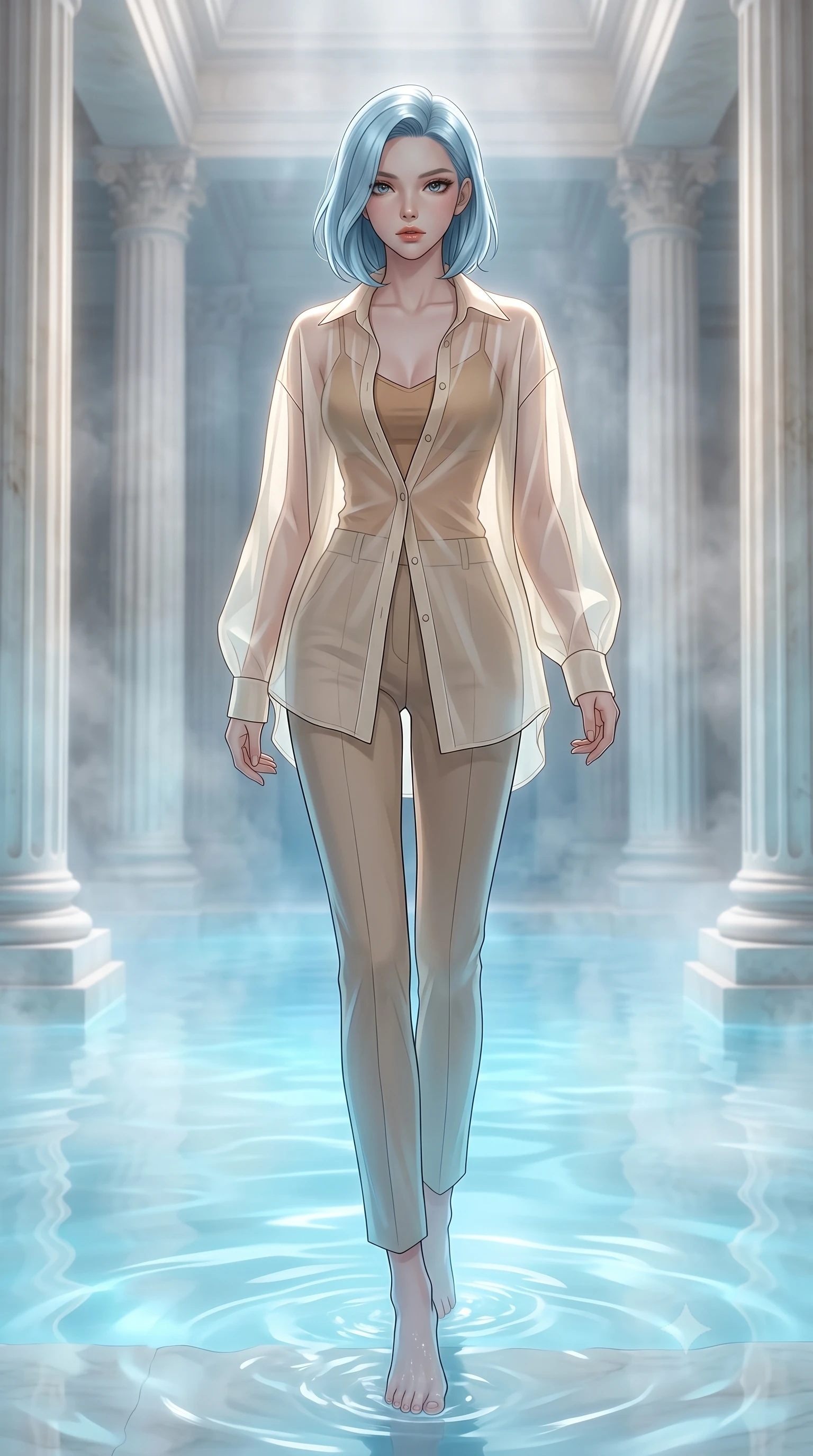 score_9, masterpiece, best quality, ultra-detailed, high-budget anime keyframe, editorial fashion photography, tasteful artistic composition, Korean woman. low angle full-body shot from head to toe showing her feet, filling the entire 9:16 vertical frame with her statuesque presence, stretching her vertical silhouette. navigating with fluid, playful motion through inside a grand roman bath chamber with columns of white travertine, the steaming thermal waters glowing with an opaline blue light. She has a statuesque 8.5-heads proportion, an exceptionally tall, slender and willowy model-like build with impossibly long legs and a highly sculpted ultra-slim waist. sharp v-shaped jawline, high-bridge nose, intricate jewel-like eyes with depth, thick eyelashes, glossy lips with a natural sheen. wearing a semi-transparent cream organza oversized shirt layered naturally over a tan-colored camisole top, paired with tailored trousers. soft diffused steam light mixed with a gentle blue underwater glow illuminating the white stone columns. 2k, ultra detail, master piece, 9:16 ratio
