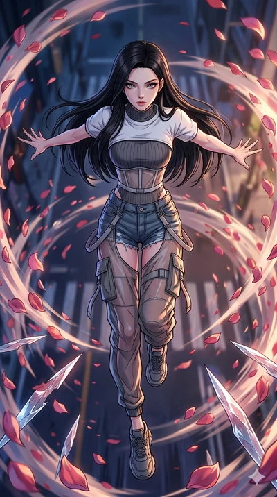 score_9, masterpiece, best quality, ultra-detailed, high-budget anime movie keyframe, cinematic anime lighting, intricate line art, Caucasian (strictly human ears) woman. Extreme high angle shot as she leaps towards the camera, filling the frame. spi