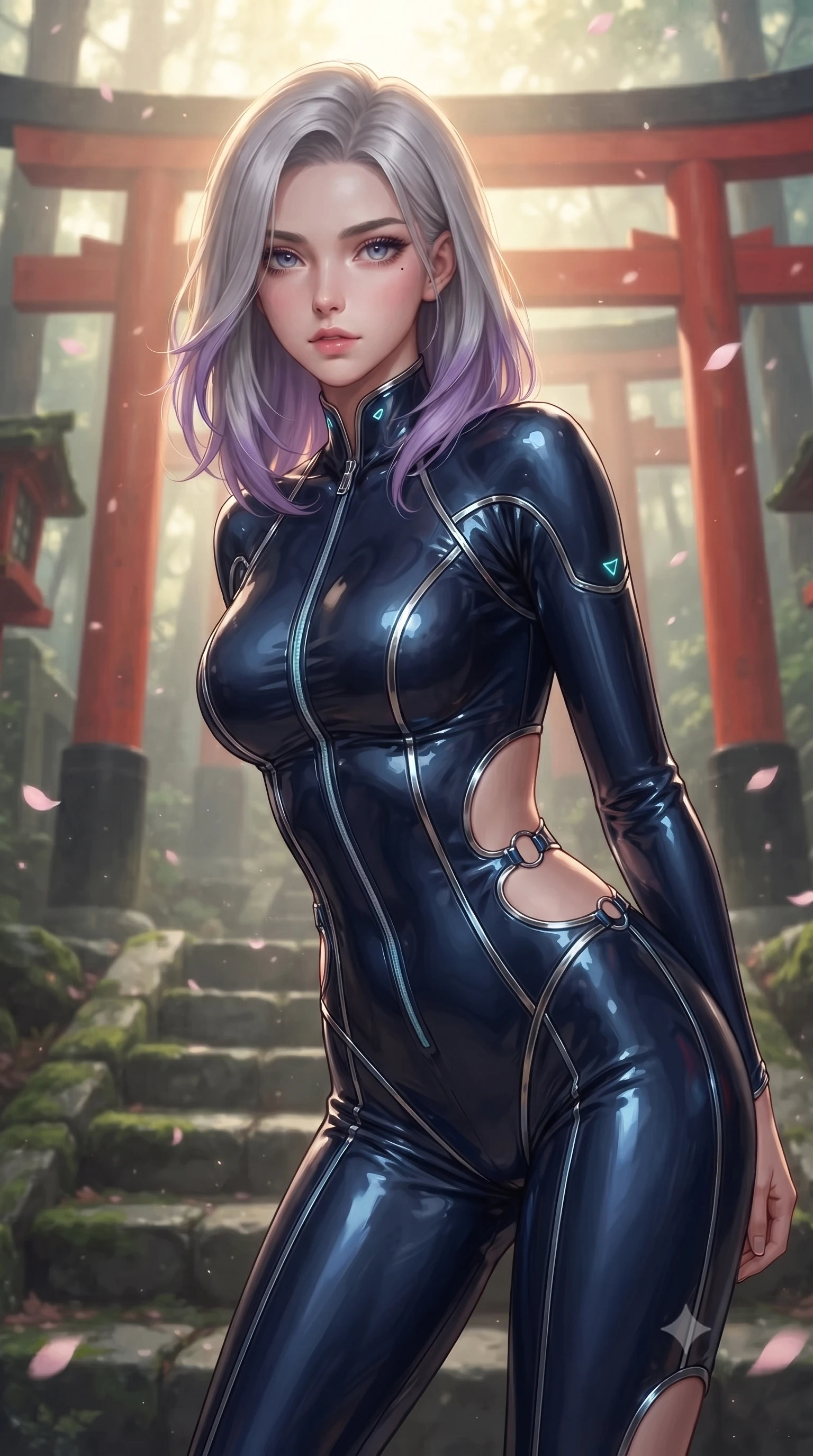 score_9, masterpiece, best quality, ultra-detailed, high-budget anime keyframe, editorial fashion photography, tasteful artistic composition, Caucasian woman. close-up cowboy shot from the waist and thighs up, the character dominates the composition, filling the frame with her large presence, background elements kept in soft focus. Leaning slightly forward with a composed, seductive gaze under soft glowing light poised on the steps of a traditional wooden shrine surrounded by floating sakura, vivid red vermilion torii gates contrasting with deep green moss stone. She has an exceptionally elegant, slender, and willowy female figure with an ultra-slim waist, a gracefully sculpted slender torso, and a refined silhouette. sharp v-shaped jawline, high-bridge nose, intricate jewel-like eyes with depth, thick eyelashes, glossy lips with a natural sheen. wearing a skin-tight cybernetic bodysuit with glowing neon seams and side cutouts in midnight navy blue and chrome trim, tailored from high-gloss patent leather, accented with delicate chrome ring hardware framing her waist, the form-contouring material highlighting her ultra-slim waist and long lines. bathed in mystical golden morning light filtered through dense forest fog. highly saturated vibrant anime colors, detailed shading with soft gradients, rich glossy textures, high-contrast stereoscopic depth, volumetric dynamic lighting, master piece, 9:16 ratio