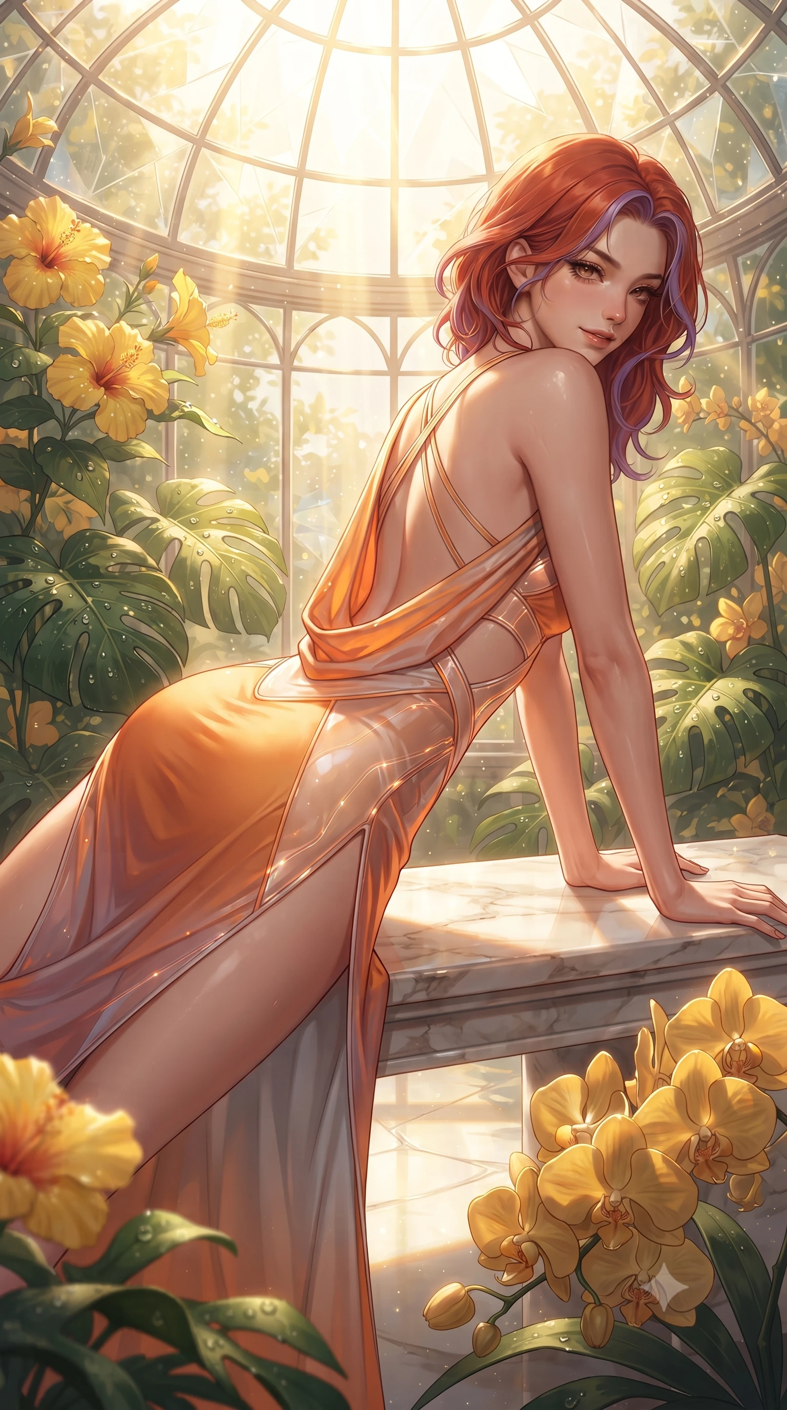 score_9, masterpiece, best quality, ultra-detailed, high-budget anime keyframe, editorial fashion photography, tasteful artistic composition, Caucasian woman. close-up cowboy shot from the waist and thighs up, the character dominates the composition, filling the frame with her large presence. stretching forward with an alluring arch of her spine, glancing over her shoulder with thick eyelashes and a smoldering half-smile while reclining along a polished marble bench surrounded by blooming yellow hibiscus with an alluring smoldering gaze. The surrounding environment is rendered in vivid detail and crisp panoramic clarity. intricate crystal glasshouse dome architecture, dewdrop details on Monstera leaves, and golden orchid petals in deep focus. She has an exceptionally elegant, slender, and willowy female figure with an ultra-slim waist, a gracefully sculpted slender torso, toned flat midriff, and a refined slim silhouette. sharp v-shaped jawline, high-bridge nose, intricate jewel-like eyes with depth, thick eyelashes, glossy lips with a natural sheen, flawlessly proportioned anatomical accuracy, strict slender model proportions, natural body alignment, perfectly sculpted long slender limbs, ultra-slim waistline, clean dynamic posture without body distortion. wearing a precision-fitted liquid jersey bodycon dress with a dramatic draped cowl back that swoops down to her waist and a high side slit in vivid sunset amber orange and cloud white, tailored from semi-translucent cybernetic vinyl with glowing micro-filaments, complemented by criss-cross back straps highlighting her completely bare spine, the precision-cut daring openings accentuating her delicate midriff, graceful bare collarbones, and ultra-slim feminine waistline. bathed in intense volumetric golden sunbeams streaming through crystalline glass dome panes. ultra-reflective glossy finish, specular highlights, metallic sheen, high-contrast stereoscopic depth, volumetric dynamic lighting, 2k, ultra detail, master piece, 9:16 ratio