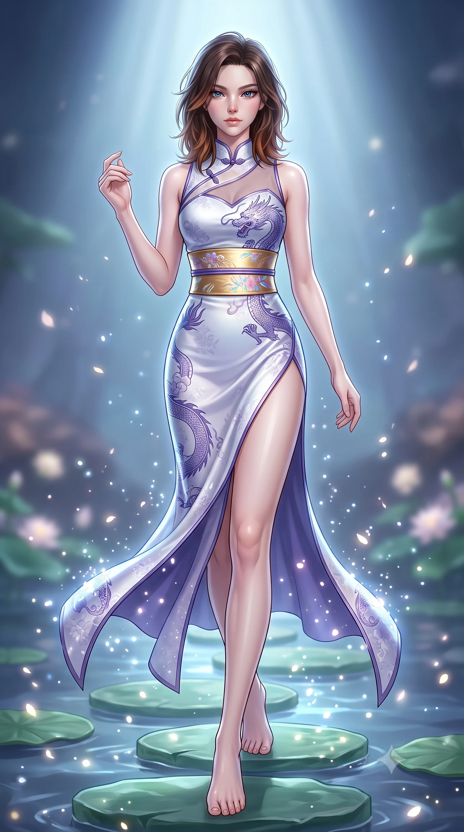score_9, masterpiece, best quality, ultra-detailed, high-budget anime keyframe, semi-realistic 3D game render, editorial fashion photography, tasteful artistic composition, Korean woman. low angle full-body shot from head to toe showing her feet, filling the entire 9:16 vertical frame with her statuesque presence, stretching her vertical silhouette. striding forward in a proud, dynamic supermodel runway stride, her statuesque vertical silhouette commanding the entire frame while striding across floating jade stepping stones with ethereal, weightless grace and divine celestial poise. The composition keeps background elements in soft focus with creamy bokeh. shimmering lunar light reflections and floating lotus pollen scattering celestial glowing light motes. She has an absolutely perfect, statuesque 8.5-heads proportion, an exceptionally tall and slender model-like female figure with impossibly long slender legs, a toned flat midriff, and an ultra-slim waist. sharp v-shaped jawline, high-bridge nose, intricate jewel-like eyes with depth, thick eyelashes, glossy lips with a natural sheen, captivating and magnetic expression, flawlessly proportioned anatomical accuracy, strict slender model proportions, natural body alignment, perfectly sculpted long slender limbs, ultra-slim waistline, clean dynamic posture without body distortion. wearing a dragon-embroidered silk cheongsam modern dress with asymmetrical sheer mesh cutouts and high Mandarin collar in celestial opal white and stardust violet, made of liquid-smooth silk satin with subtle floral jacquard, complemented by a wide metallic gold obi sash with holographic floral embroidery, the sleek tailored cut tightly hugging her graceful clavicle, narrow waist, and feminine curves with statuesque precision. surrounded by an otherworldly, sacred, and breathtakingly pure moon goddess aura. highly saturated vibrant anime colors, detailed shading with soft gradients, rich glossy textures, high-contrast stereoscopic depth, volumetric dynamic lighting, master piece, 9:16 ratio