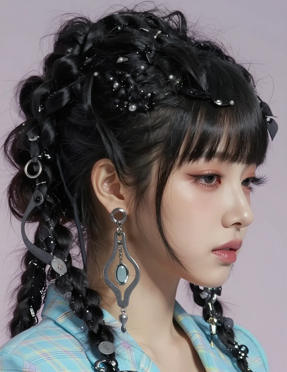 A close-up portrait of a Korean female idol with straight black hair styled into a low, messy side bun. She has short bangs covering her forehead and wears a fitted cropped pastel blue plaid blazer. She is posed confidently with one hand on her hip.