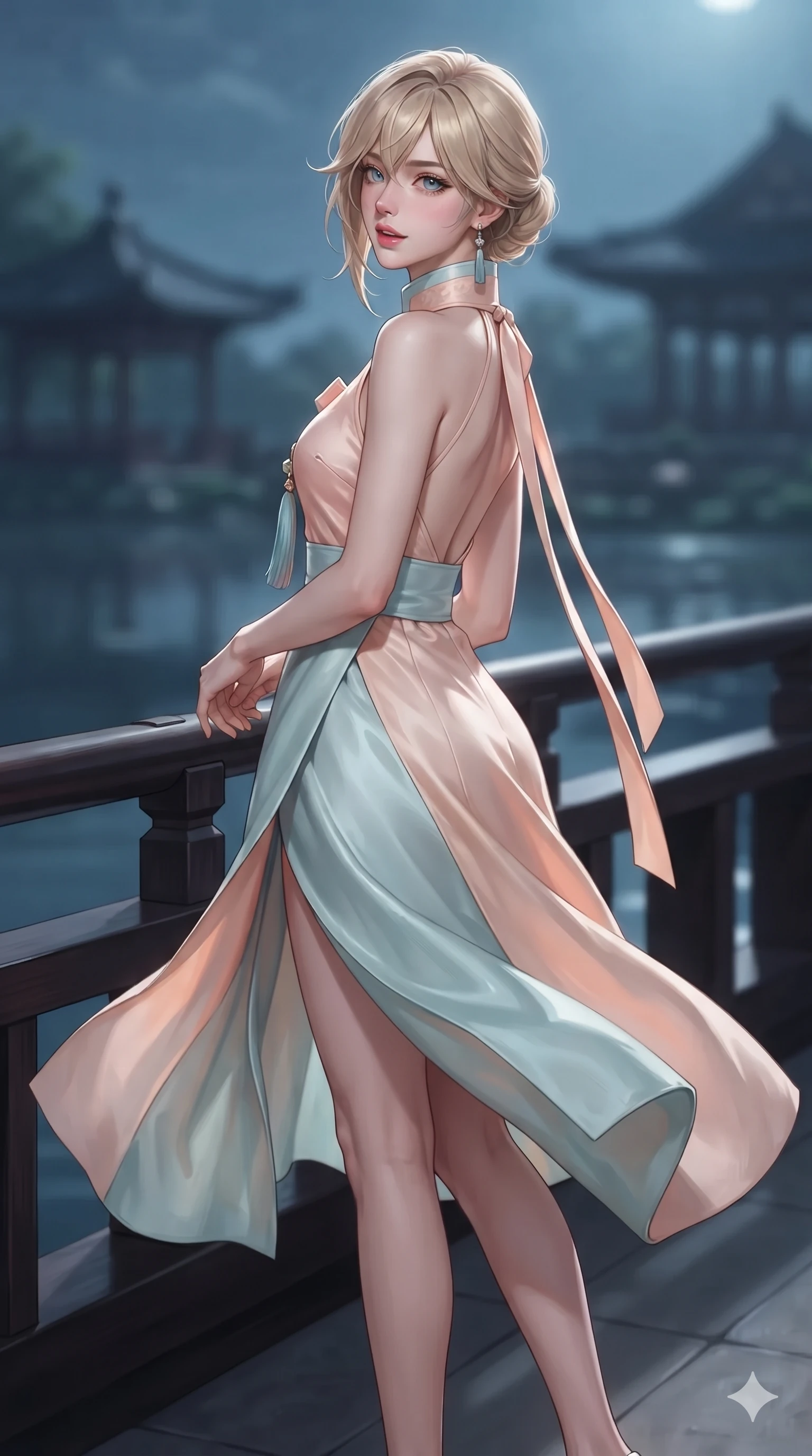 score_9, masterpiece, best quality, ultra-detailed, high-budget anime keyframe, editorial fashion photography, tasteful artistic composition, Japanese woman. low angle full-body shot from head to toe showing her feet, filling the entire 9:16 vertical frame with her statuesque presence, stretching her vertical silhouette. executing a slow, graceful pivot turn as her silk wrap skirt sways around her slender legs, glancing back with an enchanting, teasing sensual expression while twisting her slender torso in an alluring S-curve beside the lacquered wooden balustrade, silver moonbeams tracing her narrow waist and rounded hips. The background shows a soft-focus moonlit pavilion atmosphere softened in romantic nocturnal lake shallow focus. She has an absolutely perfect, statuesque 8.5-heads proportion, an exceptionally tall and slender model-like female figure with impossibly long slender legs, an ultra-slim waist, a flat toned midriff, narrow delicate ribcage, and beautifully sculpted feminine hips creating a graceful, slim hourglass silhouette without any bulky heaviness. sharp v-shaped jawline, high-bridge nose, sparkling eyes with hypnotic seductive depth, thick curled eyelashes, glossy parted lips with a natural dewy peach sheen, alluring bedroom-eyes with an enchanting coquettish smile, exuding magnetic siren charisma and sophisticated glamour, flawlessly proportioned anatomical accuracy, strict slender model proportions, natural body alignment, perfectly sculpted long slender limbs, ultra-slim waistline, clean dynamic posture without body distortion. wearing a bespoke high-neck modernized hanbok coat dress with an architectural collar and silk norigae knot tie in pastel peach blossom and celadon porcelain blue, tailored from smooth liquid silk satin with a natural dewy moonlight sheen, finished with long silk ribbon ties fluttering down her bare spine from a backless halter, the bespoke structured tailoring following the natural line of her 8.5-heads silhouette with refined elegance. illuminated by pond surface moonbeam bounce and sharp platinum rim lights sculpting her razor-sharp jawline, narrow waist, and curvy hips. ultra-reflective glossy finish, specular highlights, rich textural contrasts, high-contrast stereoscopic depth, volumetric dynamic lighting, 2k, ultra detail, master piece, 9:16 ratio