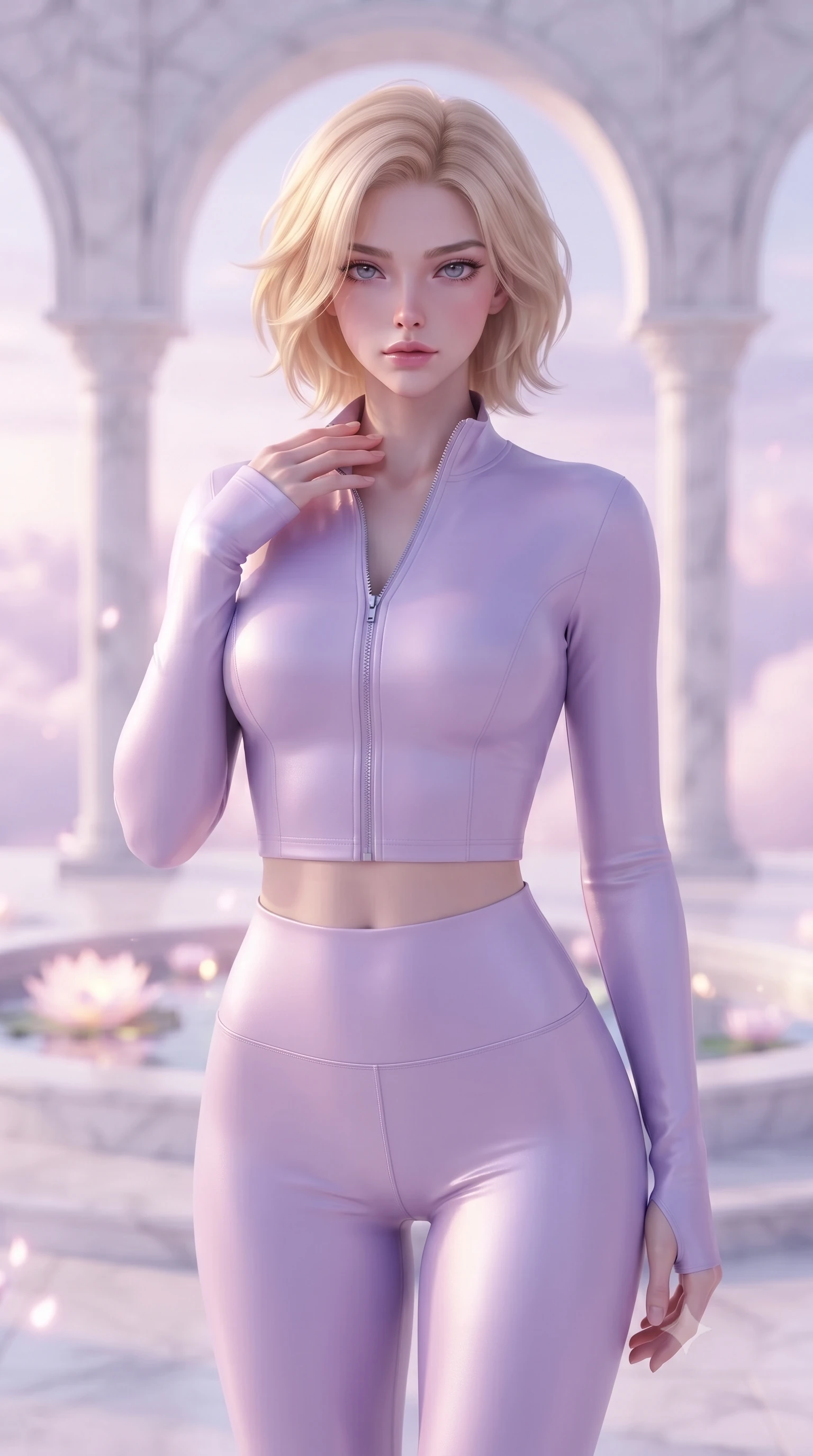 score_9, masterpiece, best quality, ultra-detailed, high-budget anime keyframe, editorial fashion photography, tasteful artistic composition, Caucasian woman. close-up cowboy shot from the waist and thighs up, the character dominates the composition, filling the frame with her large presence, background elements kept in soft focus. standing with one hand resting on her collarbone, looking at the viewer with bedroom-eyes the background shows a soft-focus a secluded cloud palace courtyard with white marble arches and glowing lotus fountains. She has an exceptionally elegant, slender, and willowy female figure with an ultra-slim waist, a gracefully sculpted slender torso, and a refined silhouette. sharp v-shaped jawline, high-bridge nose, intricate jewel-like eyes with depth, thick eyelashes, glossy lips with a natural sheen. wearing a slim-fit body-hugging activewear set of a tailored zip-up long-sleeve crop top and matching high-waisted leggings in soft lavender. soft pink and lavender sunset scatter light painting the marble. ultra-reflective glossy finish, specular highlights, metallic sheen, high-contrast stereoscopic depth, volumetric dynamic lighting, 2k, ultra detail, master piece, 9:16 ratio