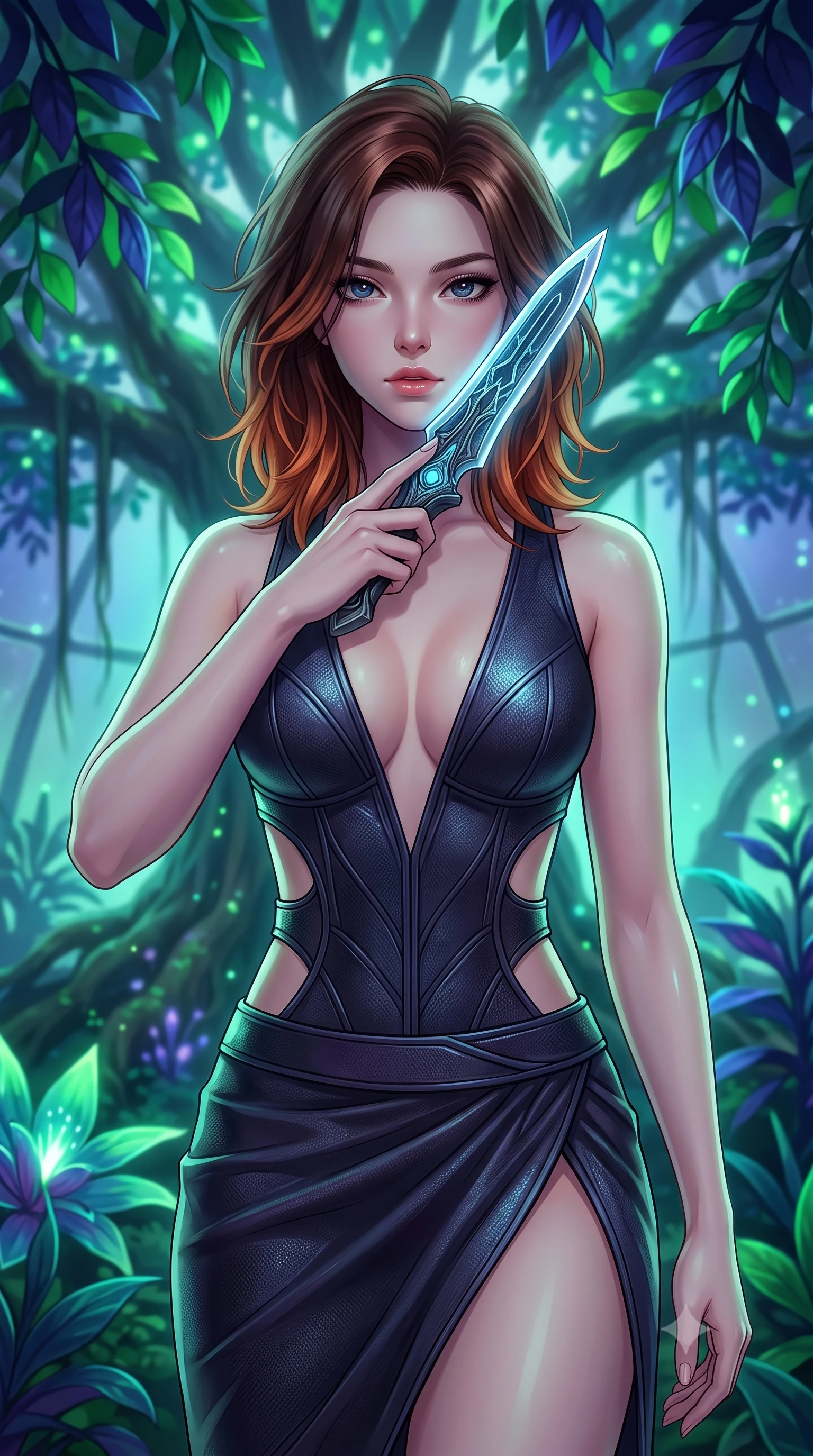 score_9, masterpiece, best quality, ultra-detailed, high-budget anime keyframe, editorial fashion photography, tasteful artistic composition, Korean woman. close-up cowboy shot from the waist and thighs up, the character dominates the composition, filling the frame with her large presence, background elements kept in soft focus. pressing the flat side of a glowing vibro-blade against her cheek, locking eyes with the viewer with bedroom-eyes, the background shows a soft-focus a banyan tree sanctuary with vibrant green and indigo leaves in a space dome. She has an exceptionally elegant, slender, and willowy female figure with an ultra-slim waist, a gracefully sculpted slender torso, and a refined silhouette. sharp v-shaped jawline, high-bridge nose, intricate jewel-like eyes with depth, thick eyelashes, glossy lips with a natural sheen. wearing a tailored deep plunging-V neck bodycon armor top, featuring keyhole cutouts along the ribs and a thigh-slit wrap skirt. vibrant green and indigo bioluminescent plant lighting casting a serene wash. highly saturated vibrant anime colors, detailed shading with soft gradients, rich glossy textures, high-contrast stereoscopic depth, volumetric dynamic lighting, master piece, 9:16 ratio