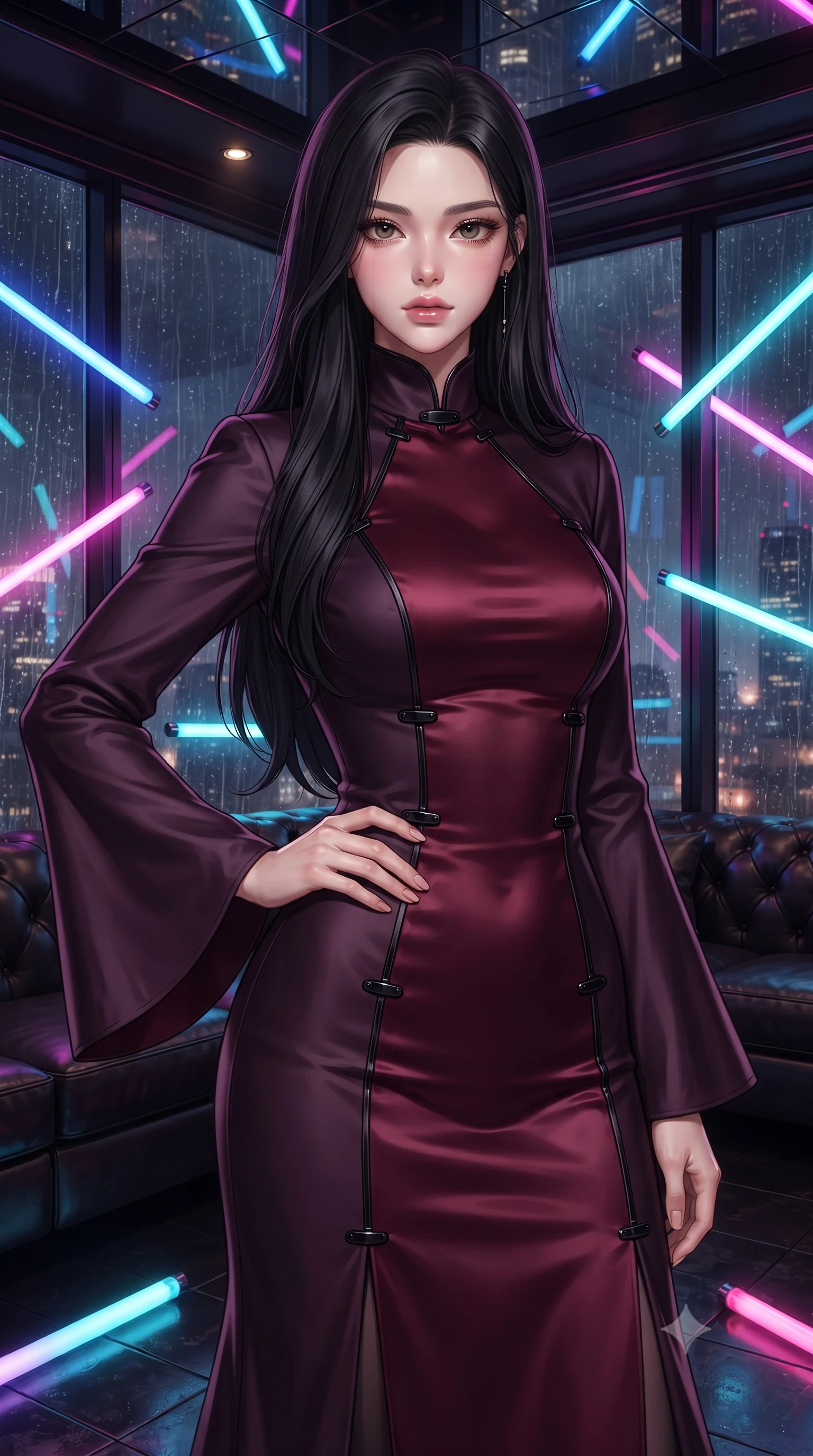 score_9, masterpiece, best quality, ultra-detailed, high-budget anime keyframe, editorial fashion photography, tasteful artistic composition, Korean woman. close-up cowboy shot from the waist and thighs up, the character dominates the composition, filling the frame with her large presence, background elements kept in soft focus. Holding a confident power pose with one hand on her hip, navigating a dark leather-walled VIP room filled with floating neon light tubes, rain streaks on glass windows distorting distant city skyline lights into bokeh. She has an exceptionally elegant, slender, and willowy female figure with an ultra-slim waist, a gracefully sculpted slender torso, and a refined silhouette. sharp v-shaped jawline, high-bridge nose, intricate jewel-like eyes with depth, thick eyelashes, glossy lips with a natural sheen. wearing gothic high-collar dark plum silk evening gown with bell sleeves in deep crimson burgundy, made of soft crimson satin, adorned with minimalist black onyx hardware framing the silhouette, following her slender form with tailored precision. bathed in high-contrast specular reflections from mirror ceilings. highly saturated vibrant anime colors, detailed shading with soft gradients, rich glossy textures, high-contrast stereoscopic depth, volumetric dynamic lighting, master piece, 9:16 ratio