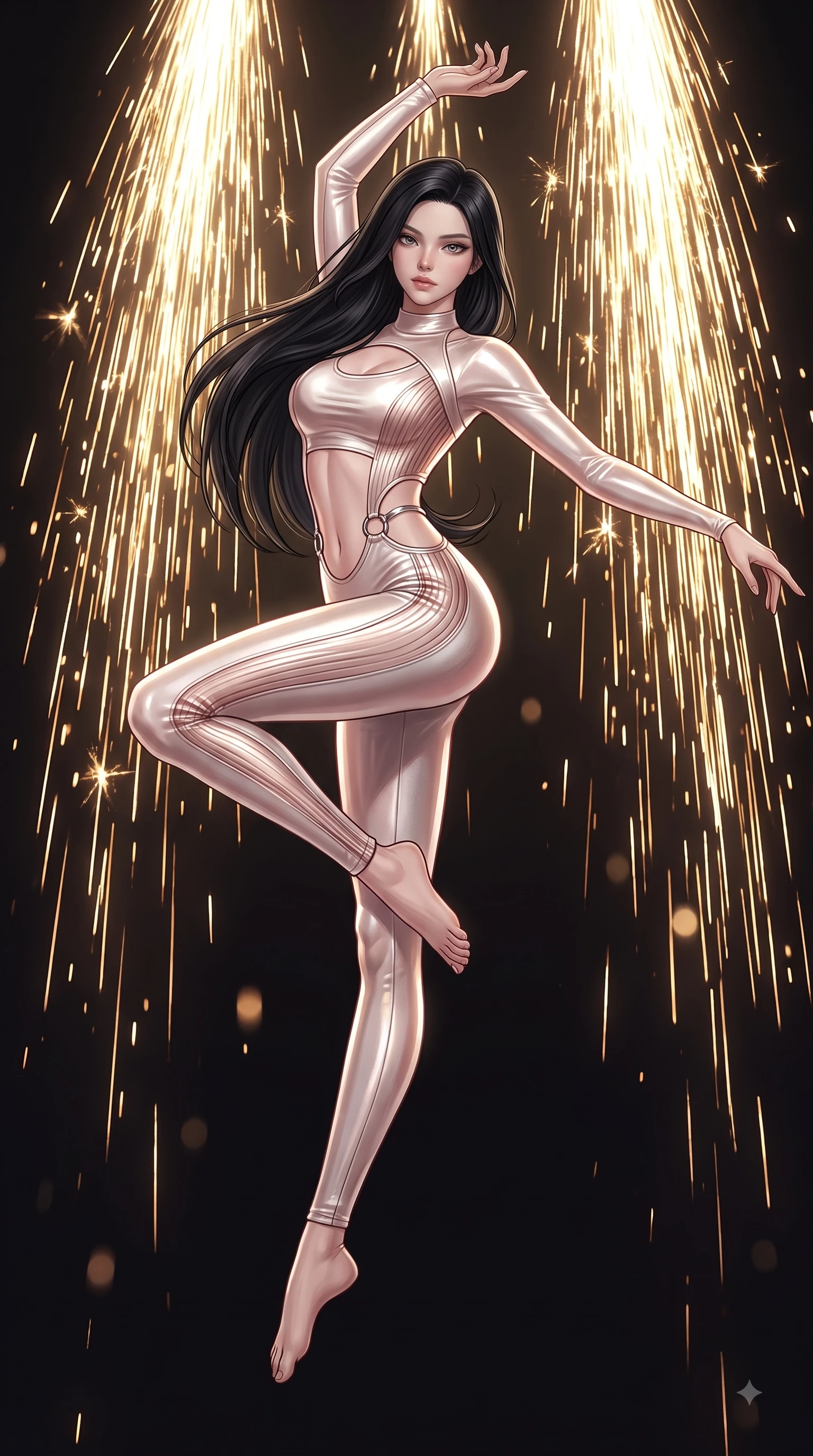 score_9, masterpiece, best quality, ultra-detailed, high-budget anime keyframe, editorial fashion photography, tasteful artistic composition, Korean woman. low angle full-body shot from head to toe showing her feet, filling the entire 9:16 vertical frame with her statuesque presence, stretching her vertical silhouette. performing an athletic mid-air rotation with flawless poise, her vertical silhouette beautifully stretched while pivoting dynamically in a dancer stance with a magnetic, composed gaze directed at the camera, golden pyrotechnic sparks falling like a waterfall behind her statuesque silhouette. She has an absolutely perfect, statuesque 8.5-heads proportion, an exceptionally tall and slender model-like female figure with impossibly long slender legs and an ultra-slim waist. sharp v-shaped jawline, high-bridge nose, intricate jewel-like eyes with depth, thick eyelashes, glossy lips with a natural sheen, flawlessly proportioned anatomical accuracy, natural body alignment, perfectly sculpted elegant limbs, clean dynamic posture without body distortion. wearing a form-fitting ribbed activewear set with elegant collar cutouts in pearl white and rose gold, made of premium stretch velvet with a rich sheen, accented with delicate chrome ring hardware framing her waist, the tailored fabric tightly following every curve of her athletic build. surrounded by an electric, high-energy performer aura with sharp shadows. ultra-reflective glossy finish, specular highlights, metallic sheen, high-contrast stereoscopic depth, volumetric dynamic lighting, 2k, ultra detail, master piece, 9:16 ratio