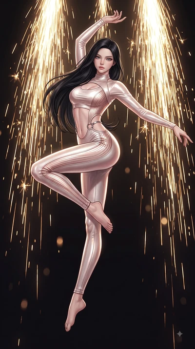 score_9, masterpiece, best quality, ultra-detailed, high-budget anime keyframe, editorial fashion photography, tasteful artistic composition, Korean woman. low angle full-body shot from head to toe showing her feet, filling the entire 9:16 vertical f