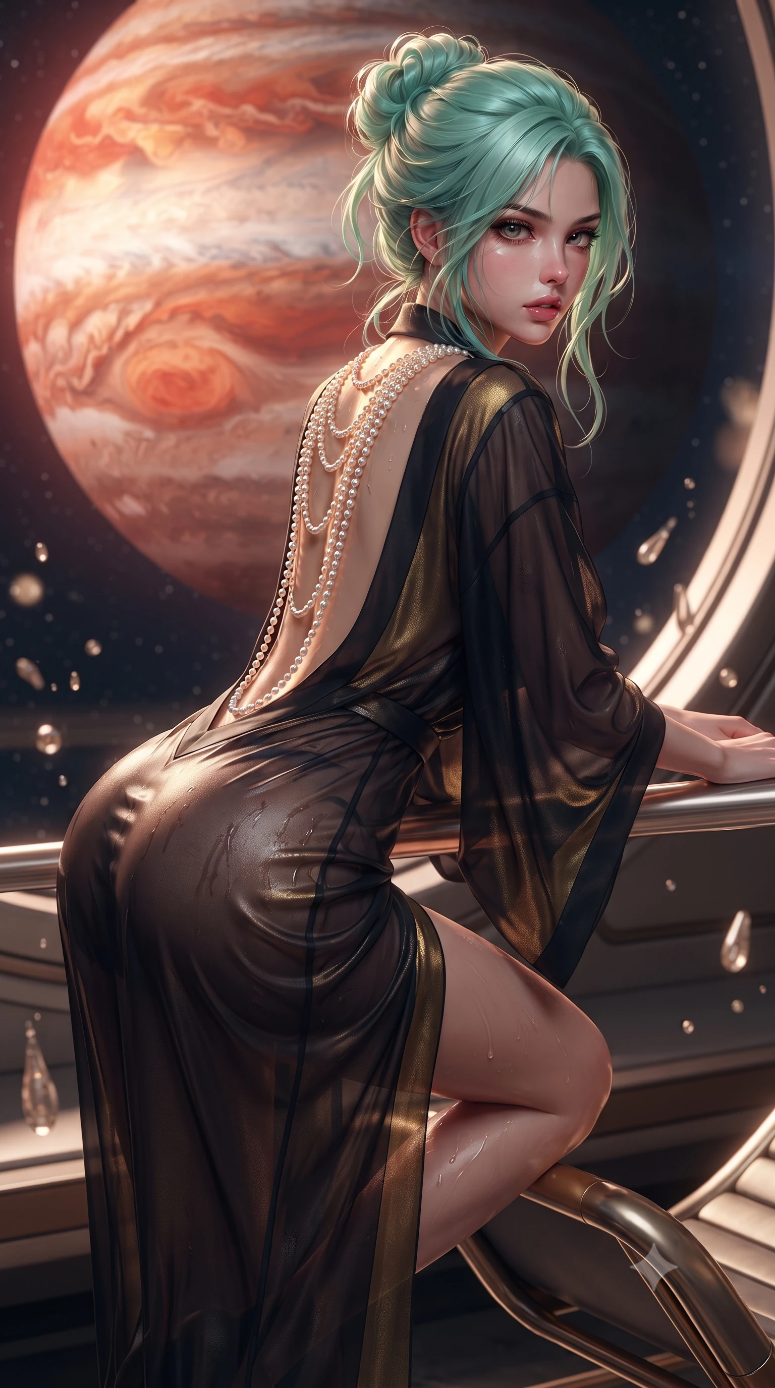 score_9, masterpiece, best quality, ultra-detailed, high-budget anime keyframe, editorial fashion photography, tasteful artistic composition, Japanese woman. close-up cowboy shot from the waist and thighs up, the character dominates the composition, filling the frame with her large presence. leaning forward against the polished railing with her hips cocked back, creating an intoxicating curve from her narrow waist to sculpted hips as she gazes back into the lens while perching on the rim of a curved titanium-and-brass art deco lounger, arching her lower back as the colossal crimson swirl of Jupiter's Great Red Spot fills the panoramic viewport. The composition keeps background elements in soft focus with creamy bokeh. floating zero-gravity champagne droplets and sleek cruiser bulkhead ribs softened in glamorous sci-fi shallow focus. She has an exceptionally elegant, slender, and willowy female figure with an ultra-slim waist, flat toned midriff, narrow ribcage, and sculpted feminine hips creating an alluring, slim hourglass silhouette without bulk. sharp v-shaped jawline, high-bridge nose, intricate jewel-like eyes with depth, thick eyelashes, glossy parted lips with a natural sheen, intensely captivating and seductive bedroom-eyes expression, flawlessly proportioned anatomical accuracy, strict slender model proportions, natural body alignment, perfectly sculpted long slender limbs, ultra-slim waistline, clean dynamic posture without body distortion. wearing a delicate semi-translucent silk yukata that clings to her wet skin and curvy hip contours in midnight obsidian black and liquid gold, tailored from water-resistant treated wool gabardine and flexible stretch silk, accented with a multi-strand pearl back necklace cascading down her bare spine to her hips, the dramatically scooped open back descending to the base of her spine, accentuating her razor-sharp statuesque lines and slim hourglass silhouette. bathed in dramatic warm crimson and copper planetary storm glow contrasting with cool cosmic starlight ambient fill. ultra-reflective glossy finish, specular highlights, rich textural contrasts, high-contrast stereoscopic depth, volumetric dynamic lighting, 2k, ultra detail, master piece, 9:16 ratio