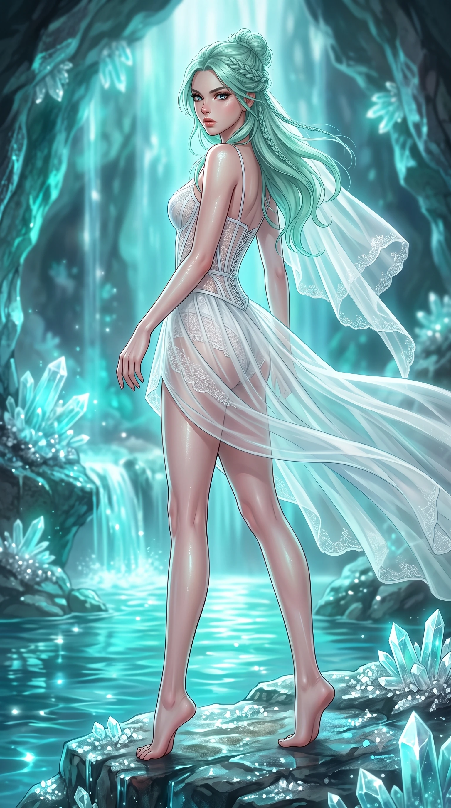 score_9, masterpiece, best quality, ultra-detailed, high-budget anime keyframe, editorial fashion photography, tasteful artistic composition, Japanese woman woman. low angle full-body shot from head to toe showing her feet, filling the entire 9:16 vertical frame with her statuesque presence, stretching her vertical silhouette. She has an absolutely perfect, statuesque 8.5-heads proportion, an exceptionally tall and slender model-like female figure with impossibly long slender legs and an ultra-slim waist. turning fluidly while glancing back over her shoulder with magnetic intensity and statuesque grace, flawlessly proportioned anatomical accuracy, natural body alignment, perfectly sculpted elegant limbs, clean dynamic posture without body distortion. set against a soft-focus background of a hidden cave with cascading luminescent water and crystal quartz. wearing a translucent white organdy veil dress with an architectural structured corset and lace panels. bathed in glowing aqua bioluminescence reflecting off wet rock walls. highly saturated vibrant anime colors, detailed shading with soft gradients, rich glossy textures, high-contrast stereoscopic depth, volumetric dynamic lighting, master piece, 9:16 ratio