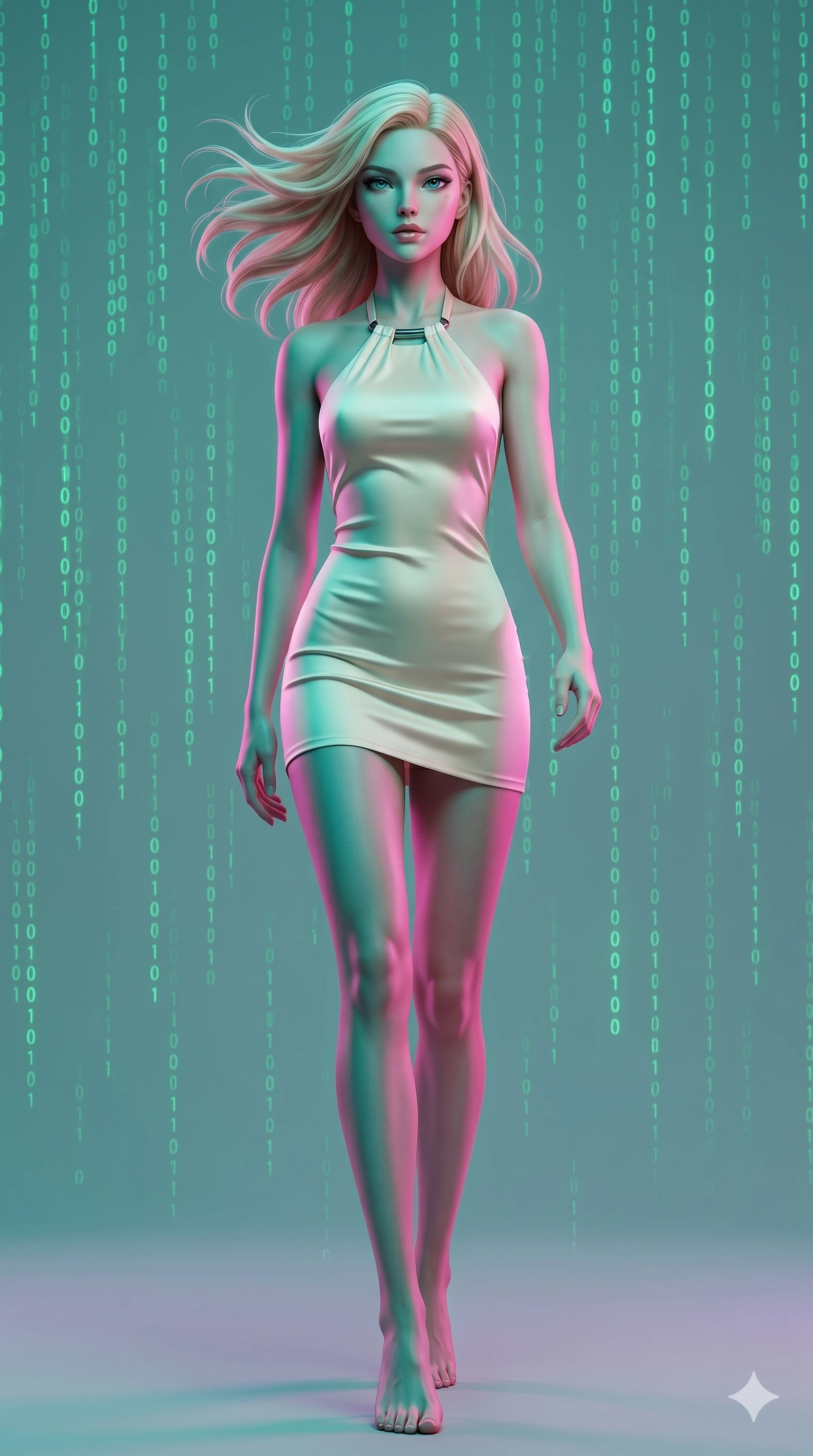 score_9, masterpiece, best quality, ultra-detailed, high-budget anime keyframe, editorial fashion photography, tasteful artistic composition, Korean woman. low angle full-body shot from head to toe showing her feet, filling the entire 9:16 vertical frame with her statuesque presence, stretching her vertical silhouette. Walking in slow-motion with dramatic hair movement behind her inside a digital void where streams of binary light rain gently in emerald green cascades. She has an absolutely perfect 8-heads proportion, an exceptionally tall and slender female figure with impossibly long slender legs and an ultra-slim waist. V-shaped jawline, high-bridge nose, intricate jewel-like eyes with depth, thick eyelashes, glossy lips with a natural sheen. wearing an ultra-minimalist halter-neck mini dress in warm ivory stretch satin with a simple open-back, architectural hardware at the neck, and a perfectly form-contouring body ending at upper-thigh. under intense neon teal and magenta split-lighting creating vivid chromatic contrast on her figure. 2k, ultra detail, master piece, 9:16 ratio