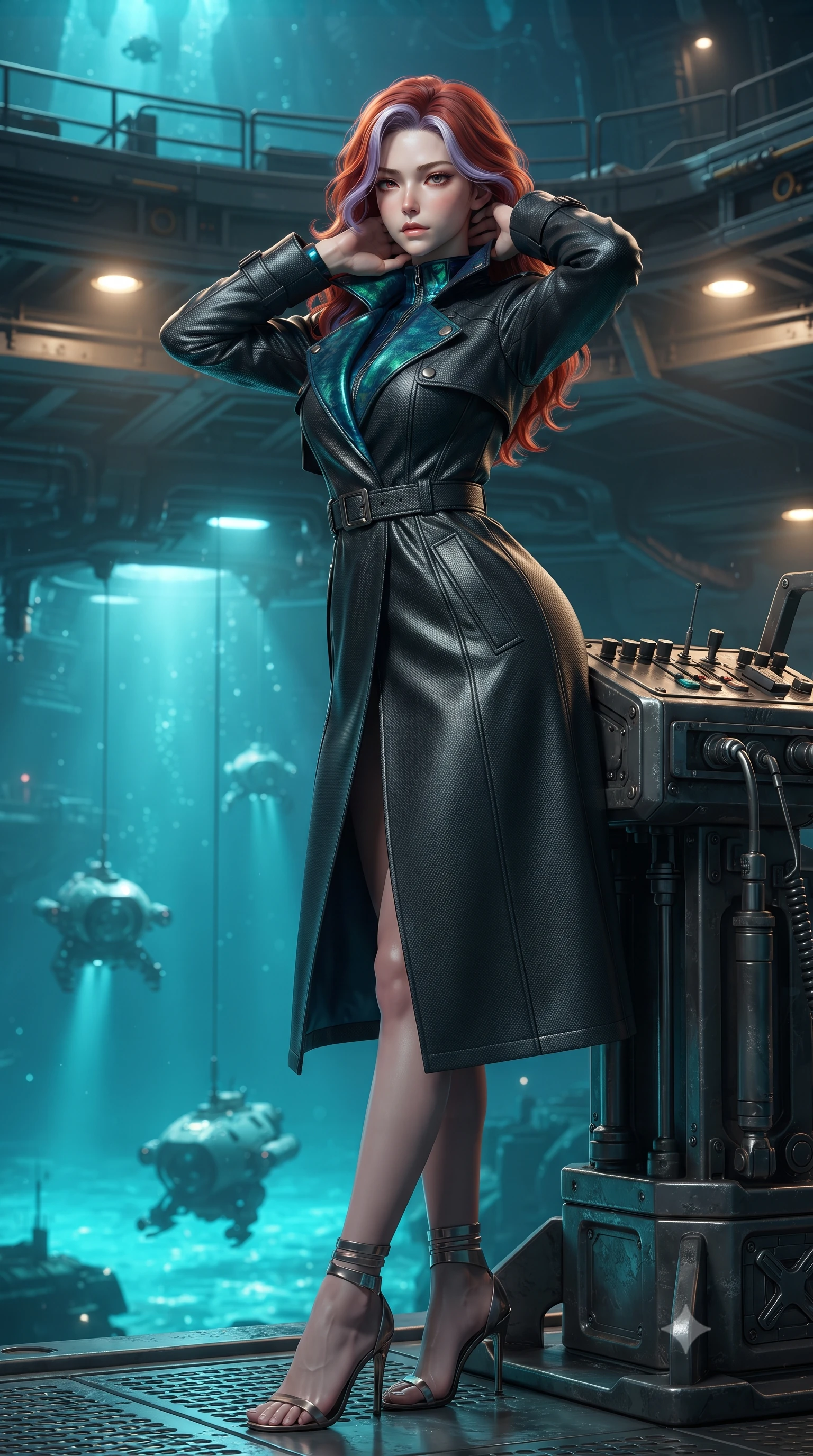 score_9, masterpiece, best quality, ultra-detailed, high-budget anime keyframe, editorial fashion photography, tasteful artistic composition, Caucasian woman. close-up cowboy shot from the waist and thighs up, the character dominates the composition, filling the frame with her large presence. resting both hands lightly behind her neck with elbows raised, arching her spine to highlight her narrow waist, flat midriff, and breathtaking collarbones while leaning against the heavy hydraulic crane console with hips cocked back, watching exploration submersibles descend into the turquoise abyss with smoldering bedroom-eyes. The surrounding environment is rendered in vivid detail and crisp panoramic clarity: detailed tactical jumpsuit drape, high-gloss wet-look sheen, and grand lunar-ice infrastructure in high resolution. She has an exceptionally elegant, slender, and willowy female figure with an ultra-slim waist, flat toned midriff, narrow ribcage, and sculpted feminine hips creating an alluring, slim hourglass silhouette without bulk. sharp v-shaped jawline, high-bridge nose, intricate jewel-like sparkling eyes with depth, thick eyelashes, glossy parted lips with a natural peach sheen, bright cheerful beaming smile with an enchanting and coquettish sensual glint, exuding both youthful cute charm and seductive allure, flawlessly proportioned anatomical accuracy, strict slender model proportions, natural body alignment, perfectly sculpted long slender limbs, ultra-slim waistline, clean dynamic posture without body distortion. wearing a bespoke tactical commander trench coat in matte carbon-weave with magnetic utility buckles, storm flaps, and high standing collar in bioluminescent emerald and abyssal sapphire, woven from structured carbon-fiber jacquard with rich textural depth, complemented by strappy stiletto sandals with metallic ankle wraps accentuating her slender calves, the impeccably tailored cut draping gracefully along her slender figure with aristocratic poise. bathed in brilliant turquoise water up-light combined with warm 2800K platform recessed downlights. ultra-reflective glossy finish, specular highlights, rich textural contrasts, high-contrast stereoscopic depth, volumetric dynamic lighting, 2k, ultra detail, master piece, 9:16 ratio