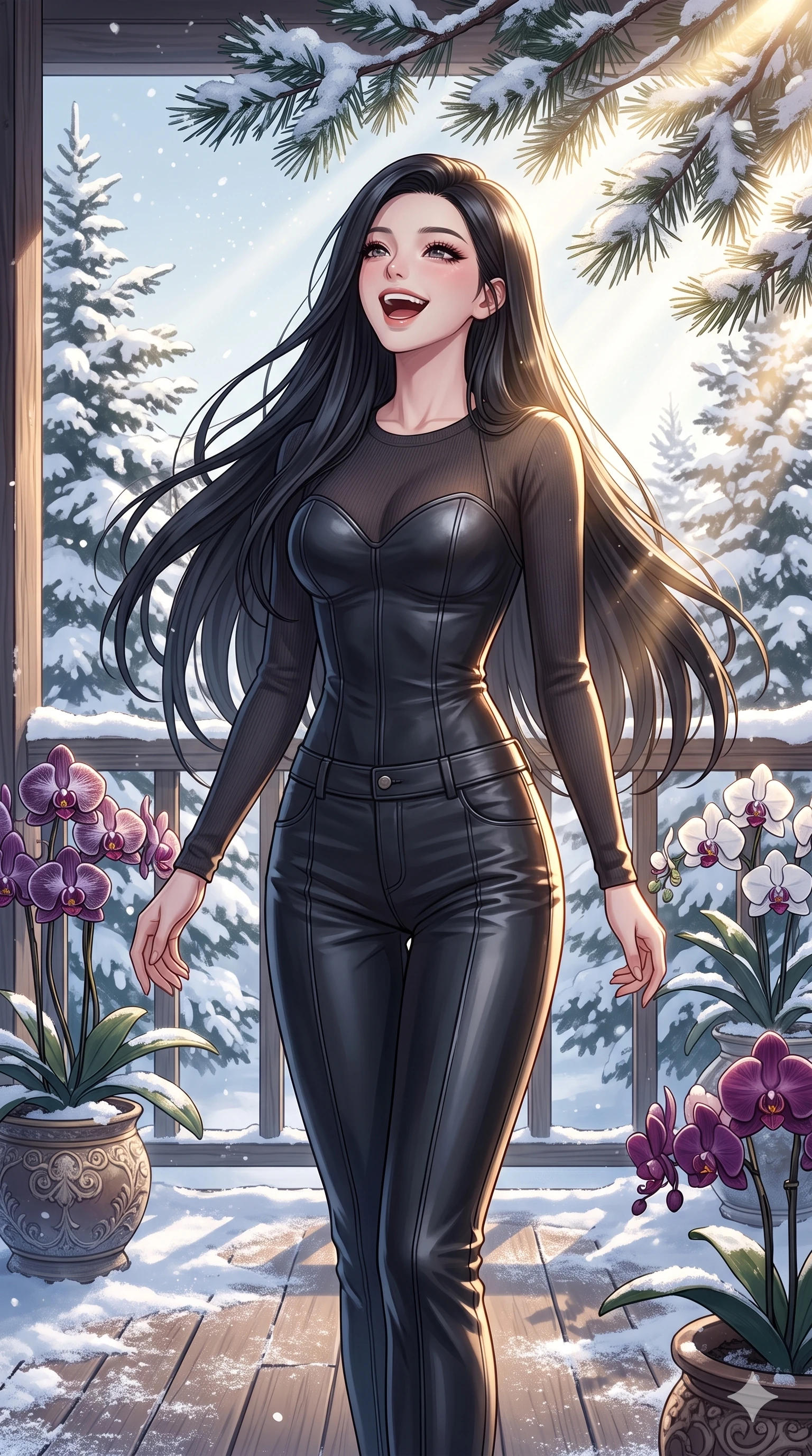 score_9, masterpiece, best quality, ultra-detailed, high-budget anime keyframe, vibrant anime aesthetic, Korean woman. cowboy shot from the thighs up, character and outfit filling the frame for maximum presence. She is posing with a cheerful laugh, looking up at the snowy pine branches on a private terrace decorated with winter orchids (Code-P21-191). She has an absolutely perfect 8-heads proportion, an exceptionally tall and slender female figure with impossibly long slender legs and an ultra-slim waist. V-shaped jawline, high-bridge nose, intricate jewel-like eyes with depth, thick eyelashes, glossy lips with a natural sheen. wearing a dark leather structured bodice with a sweetheart neckline with a sweetheart neckline in winter. She is drenched in direct, warm winter sunbeams that trace the contours of her tall silhouette. 2k, ultra detail, master piece, 9:16 ratio