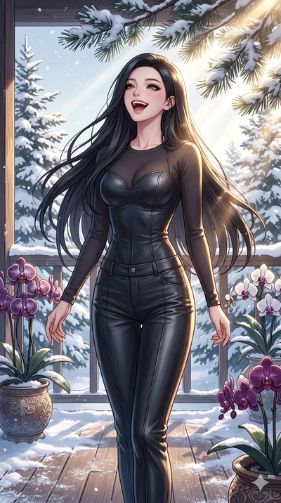 score_9, masterpiece, best quality, ultra-detailed, high-budget anime keyframe, vibrant anime aesthetic, Korean woman. cowboy shot from the thighs up, character and outfit filling the frame for maximum presence. She is posing with a cheerful laugh, l