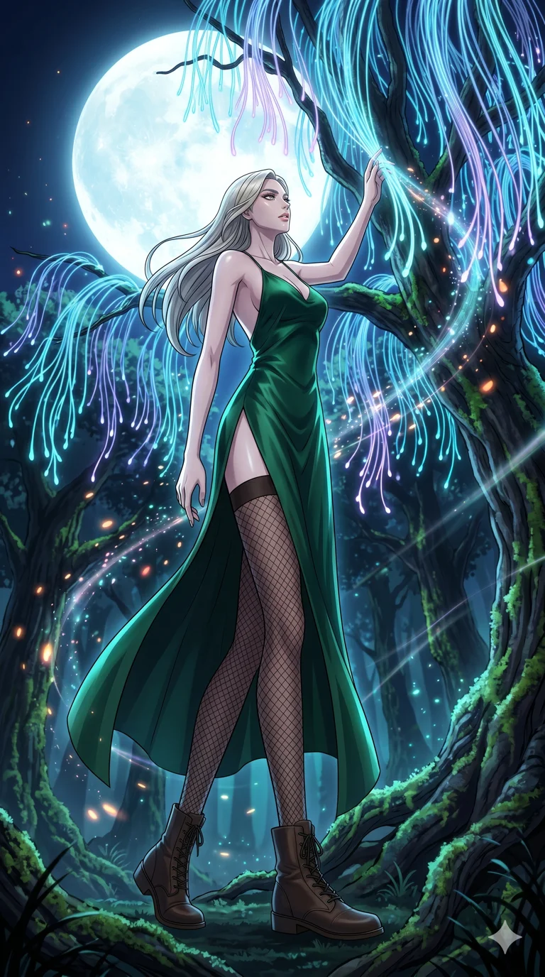 score_9, masterpiece, best quality, ultra-detailed, High-budget Anime Keyframe, vibrant colors, fluid line-art, expressive lighting, cinematic composition, Ufotable-style visual effects, top-tier animation quality, Caucasian woman with pale skin and refined features. Dynamic full-body shot stretching the vertical silhouette, capturing her from a powerful low-angle perspective. Communing with a ancient tree whose leaves are made of translucent fiber-optics. She has an absolutely perfect 8-heads proportion, an exceptionally tall and slender female figure with impossibly long slender legs and an ultra-slim waist, her statuesque height and towering silhouette dominating the vertical 9:16 frame. Her face is a masterpiece featuring a sharp v-shaped jawline, high-bridge nose, intricate jewel-like eyes with depth, thick eyelashes, and glossy lips with a natural sheen. She is wearing a Backless silk slip dress with a dangerously high side slit and sensual fishnet stockings.. The scene is set in a mystical grove under a giant glowing moon that illuminates the fiber-optic flora. 2k, ultra detail, master piece, 9:16 ratio