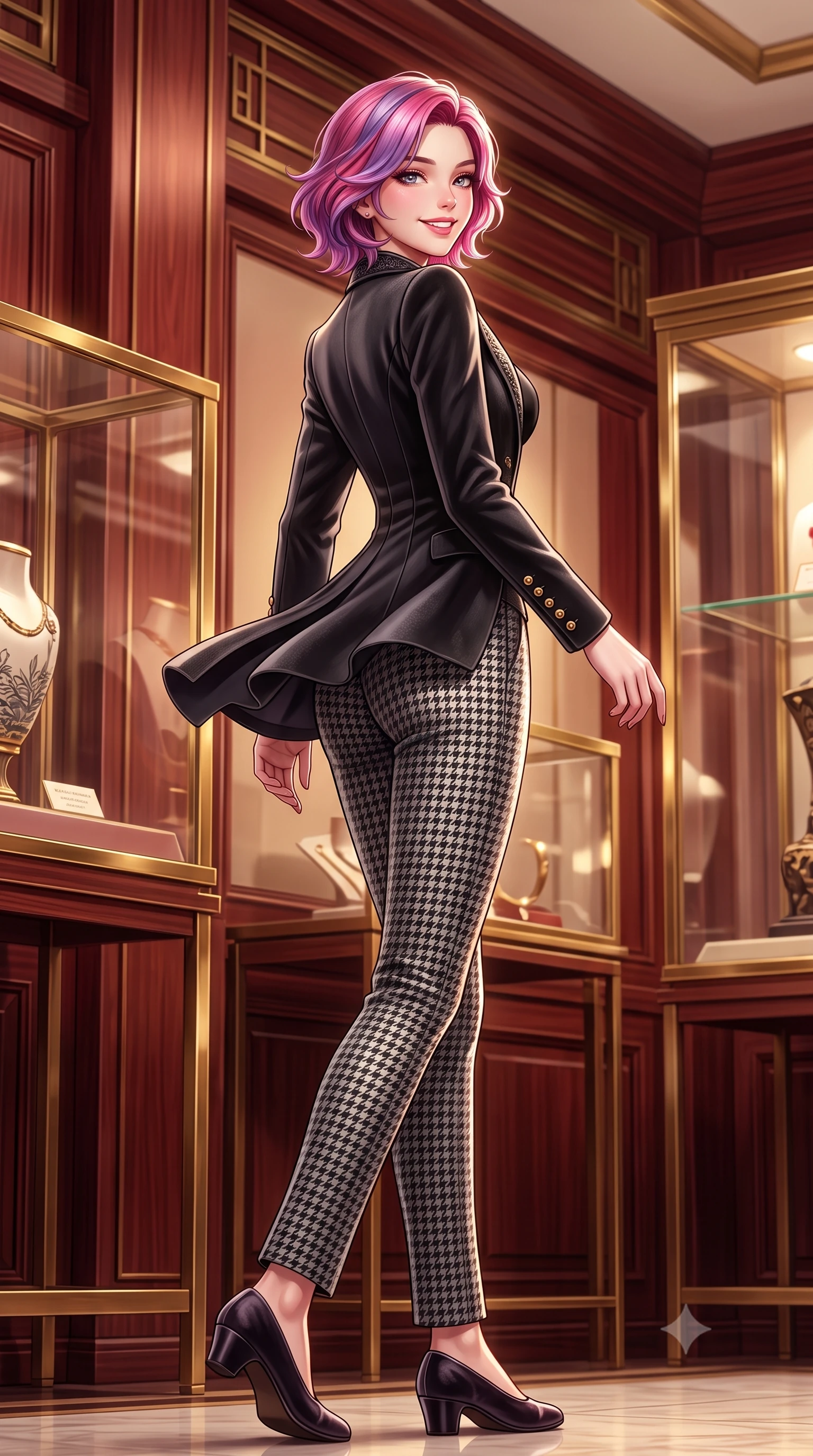 score_9, masterpiece, best quality, ultra-detailed, high-budget anime keyframe, semi-realistic 3D game render, editorial fashion photography, tasteful artistic composition, Caucasian woman. low angle full-body shot from head to toe showing her feet, filling the entire 9:16 vertical frame with her statuesque presence, stretching her vertical silhouette. executing an elegant pivot turn as the hem of her form-fitting knit sways rhythmically, glancing back with joyful radiance and seductive allure while walking through the 1920s-inspired Ginza salon past brass-framed vitrines, turning with magnetic cosmopolitan charm. The surrounding environment is rendered in vivid detail and crisp panoramic clarity: detailed embroidered wool blazer lapels, tailored cigarette trousers, and Taisho-modernist architectural craftsmanship in razor-sharp precision. She has an exceptionally tall and slender model-like 8.5-heads proportion, an ultra-slim waist, a flat toned midriff, narrow delicate ribcage, and beautifully sculpted feminine hips creating a graceful, slim hourglass silhouette without any bulky heaviness, with impossibly long slender legs. sharp v-shaped jawline, high-bridge nose, intricate jewel-like sparkling eyes with depth, thick eyelashes, glossy parted lips with a natural peach sheen, bright cheerful beaming smile with an enchanting and coquettish sensual glint, exuding both youthful cute charm and seductive allure, flawlessly proportioned anatomical accuracy, strict slender model proportions, natural body alignment, perfectly sculpted long slender limbs, ultra-slim waistline, clean dynamic posture without body distortion. wearing a tailored corseted velvet blazer jacket worn closed over a tight-fitting silk camisole and sleek tailored cigarette pants in classic Savile Row charcoal houndstooth and crisp ivory, made of ultra-fine Mongolian cashmere with sleek glove-like elasticity contouring her silhouette, accented with delicate gold button studs trailing down the snug sleeve cuffs, the body-conscious tailored knit hugging her sculpted torso and curvaceous hips in a seamless, fluid line that highlights her statuesque model proportions. illuminated by rosewood wall and brass reflection bounce with crisp champagne rim lights defining her cheekbones and slender waist. highly saturated vibrant anime colors, detailed shading with soft gradients, rich glossy textures, high-contrast stereoscopic depth, volumetric dynamic lighting, master piece, 9:16 ratio