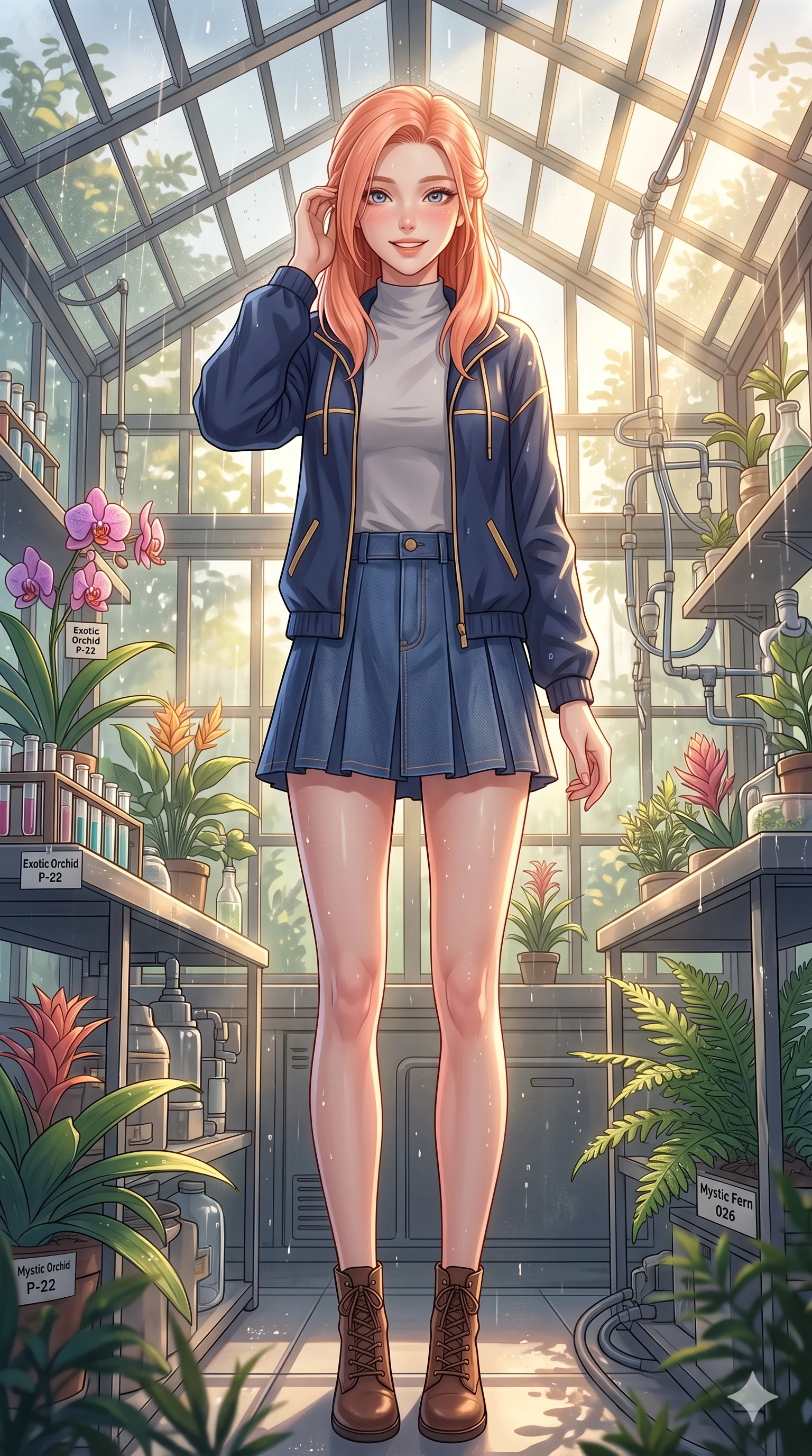 score_9, masterpiece, best quality, ultra-detailed, high-budget anime keyframe, vibrant anime aesthetic, Japanese woman. low angle full-body shot from head to toe showing her feet, filling the entire 9:16 vertical frame with her statuesque presence, stretching her vertical silhouette. She is smiling delightfully while tucking a lock of hair behind her ear, gazing at the camera with sparkling eyes surrounded by fresh morning mist. inside a sunny greenhouse laboratory filled with rare botanical specimens and golden volumetric sunbeams (Code-P22-026). She has an absolutely perfect 8-heads proportion, an exceptionally tall and slender female figure with impossibly long slender legs and an ultra-slim waist. V-shaped jawline, high-bridge nose, intricate jewel-like eyes with depth, thick eyelashes, glossy lips with a natural sheen. wearing a modern windbreaker in navy over a high-neck shirt and a pleated denim skirt with stylish boots. She is bathed in soft, glowing golden hour sun casting long, elegant shadows, highlighting her winking face and glossy lips during a refreshing sun shower. 2k, ultra detail, master piece, 9:16 ratio